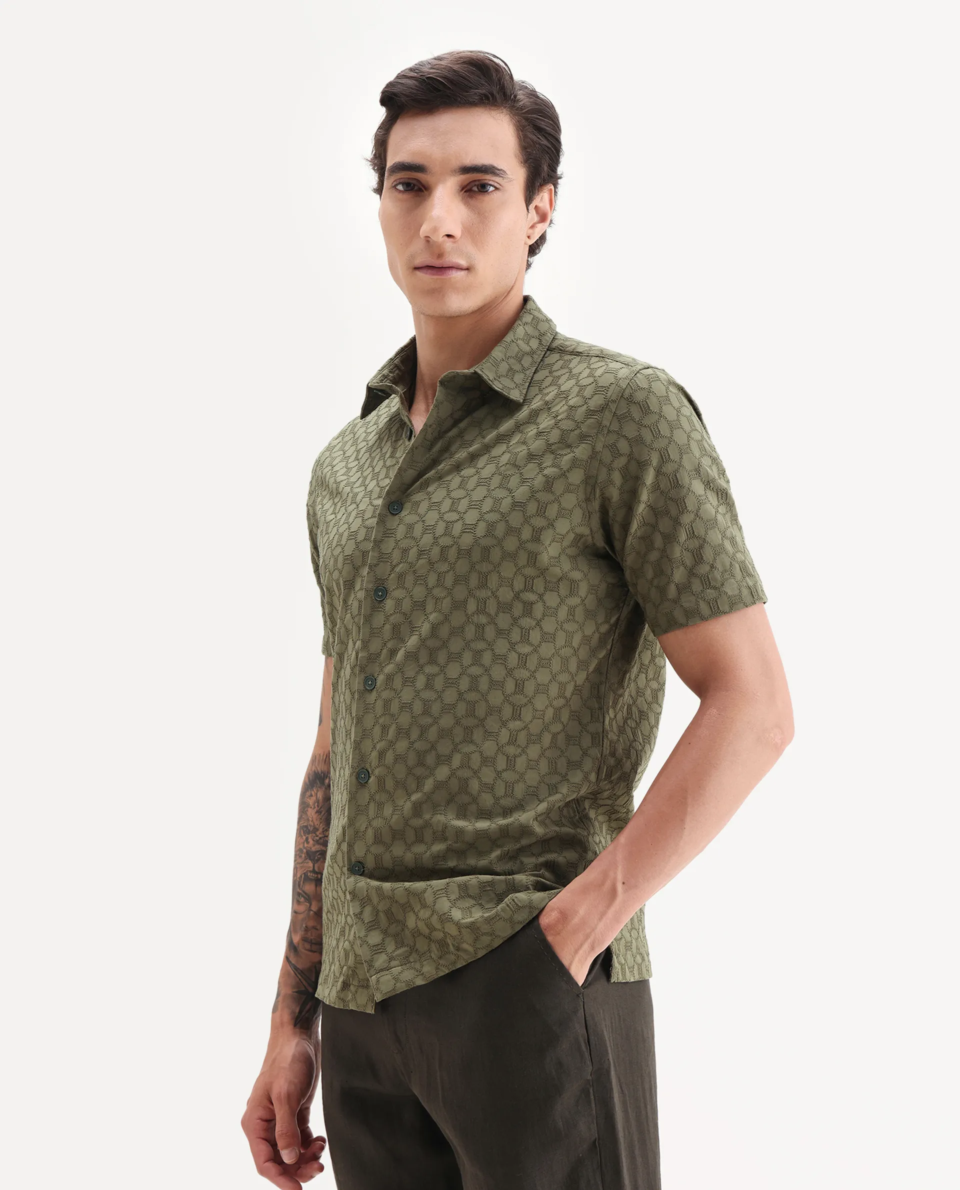 Rare Rabbit Men's Shef Olive Cotton Embroidered Regular Fit Half Sleeve Collared Shirt - Image 5