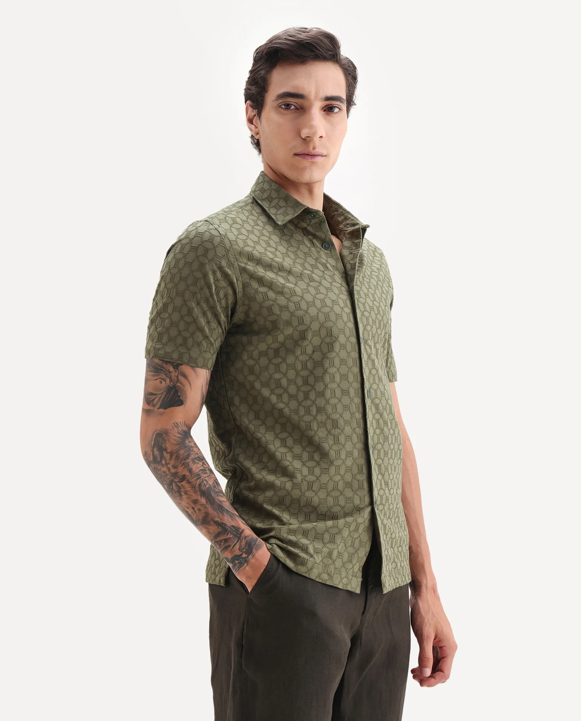 Rare Rabbit Men's Shef Olive Cotton Embroidered Regular Fit Half Sleeve Collared Shirt - Image 6