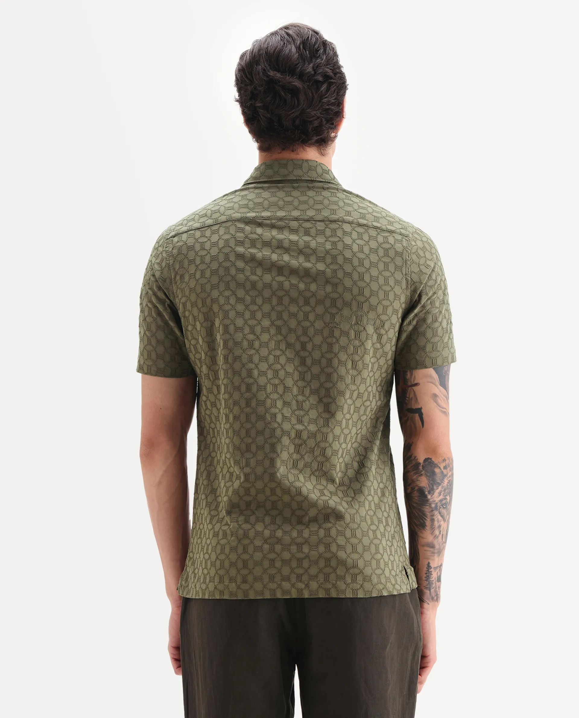 Rare Rabbit Men's Shef Olive Cotton Embroidered Regular Fit Half Sleeve Collared Shirt - Image 7