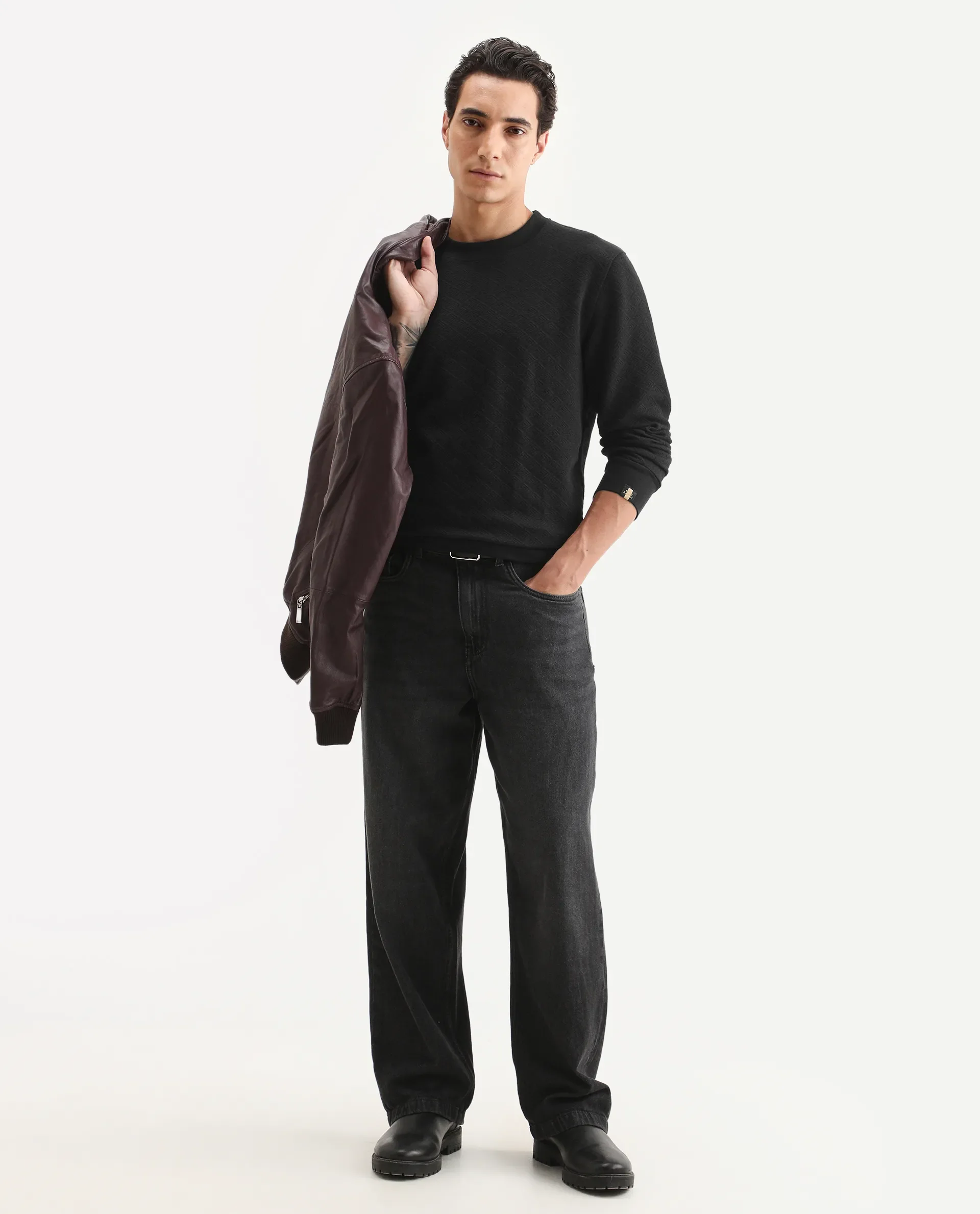 Rare Rabbit Men's Sheild-2 Black Cotton Blend Textured Regular Fit Full Sleeve Crew Neck Sweatshirt - Image 2