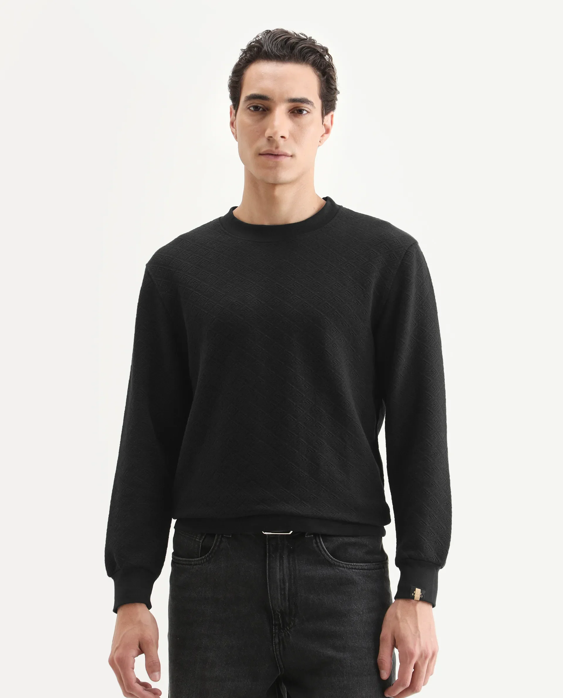 Rare Rabbit Men's Sheild-2 Black Cotton Blend Textured Regular Fit Full Sleeve Crew Neck Sweatshirt - Image 3