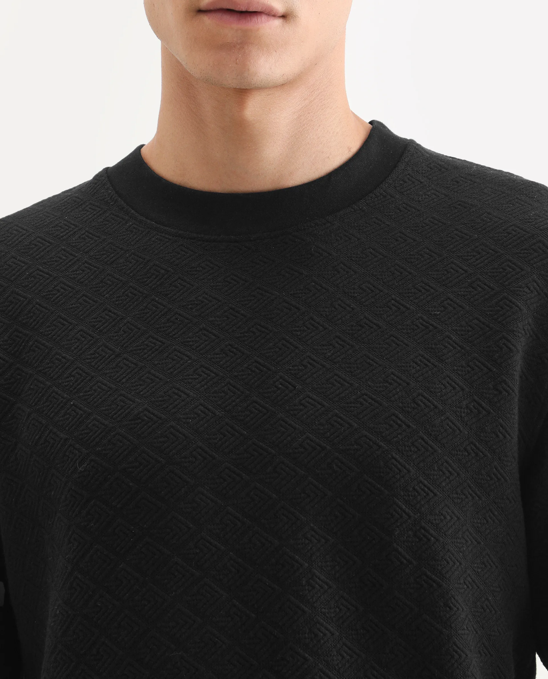 Rare Rabbit Men's Sheild-2 Black Cotton Blend Textured Regular Fit Full Sleeve Crew Neck Sweatshirt - Image 4