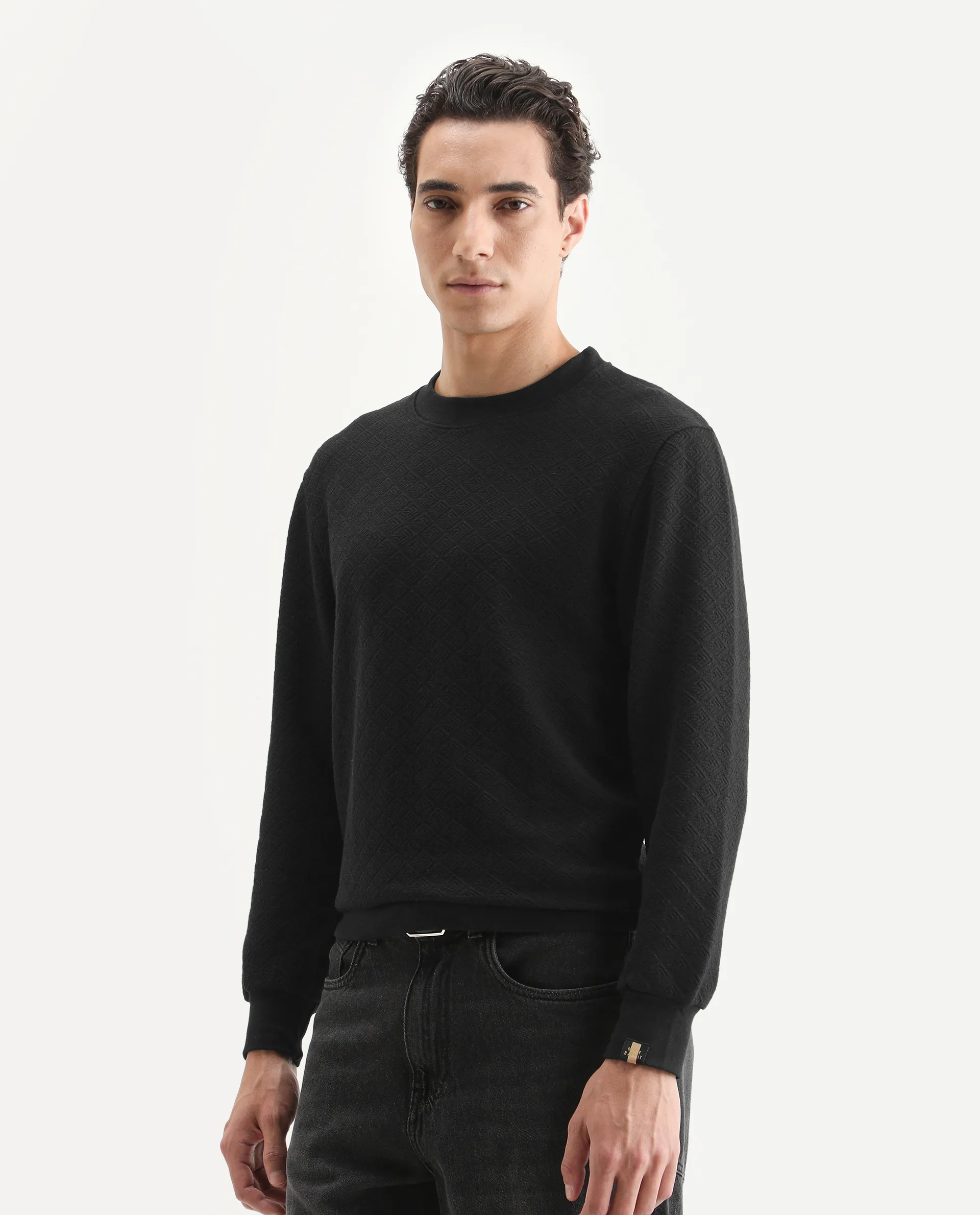 Rare Rabbit Men's Sheild-2 Black Cotton Blend Textured Regular Fit Full Sleeve Crew Neck Sweatshirt - Image 5