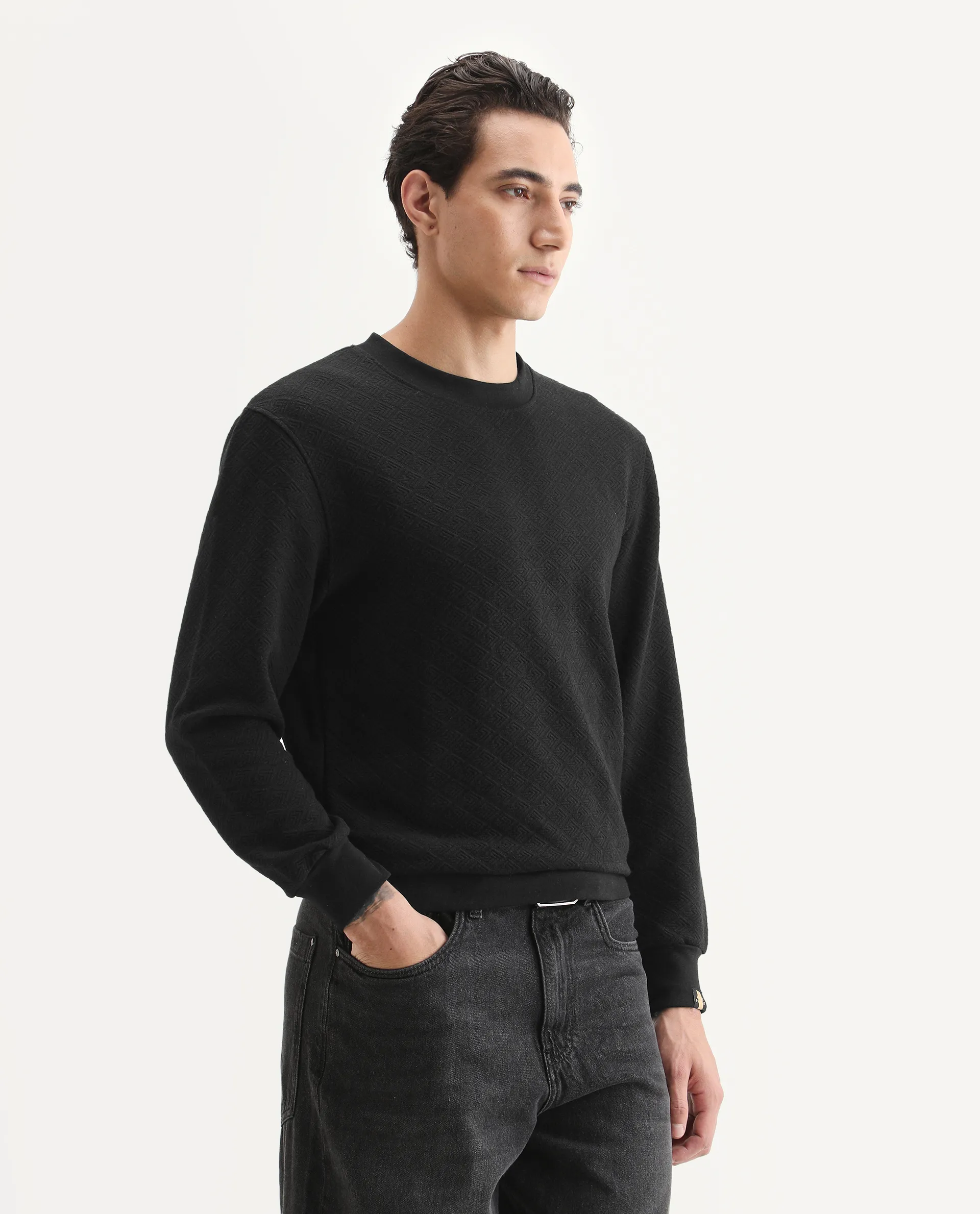 Rare Rabbit Men's Sheild-2 Black Cotton Blend Textured Regular Fit Full Sleeve Crew Neck Sweatshirt - Image 6