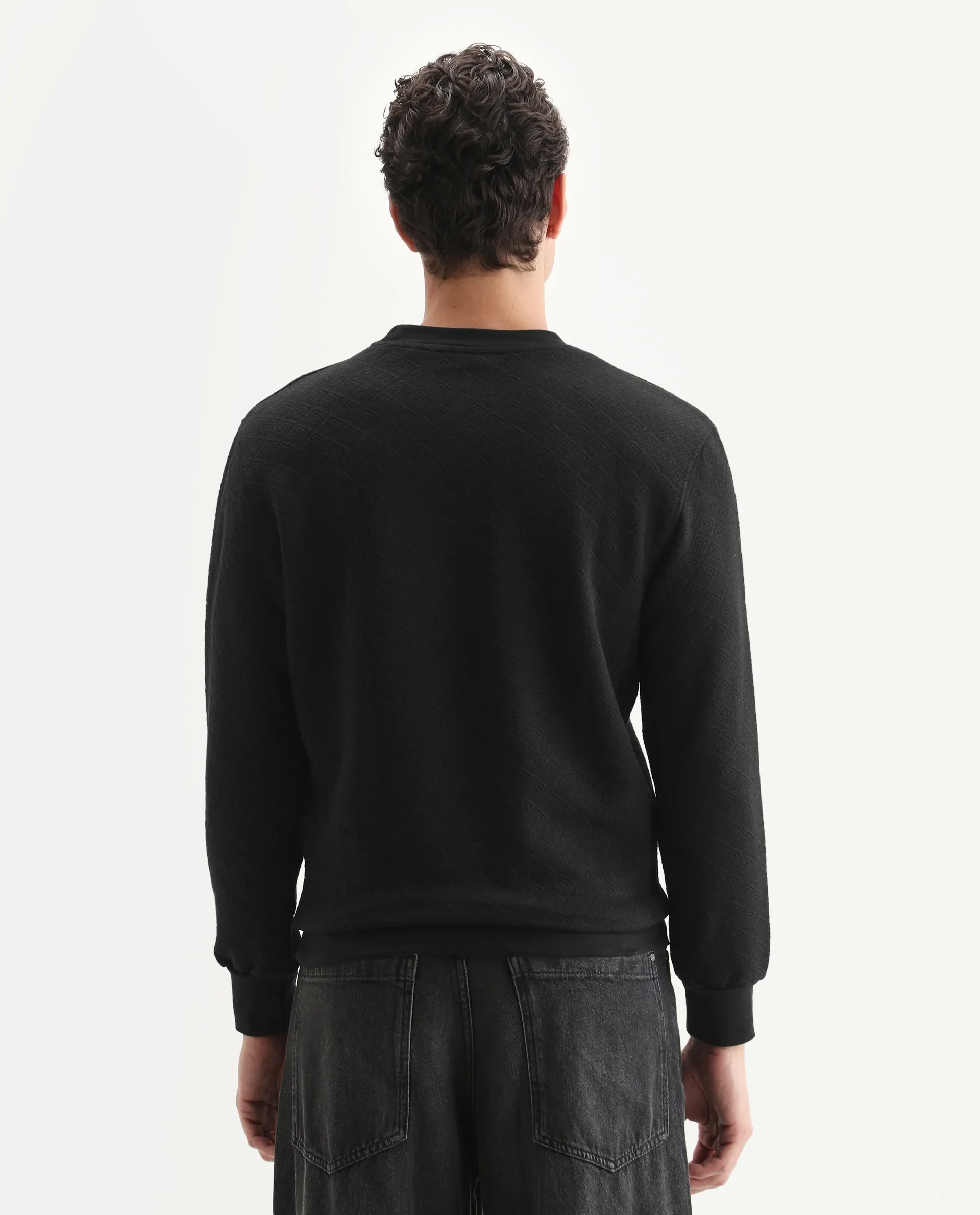 Rare Rabbit Men's Sheild-2 Black Cotton Blend Textured Regular Fit Full Sleeve Crew Neck Sweatshirt - Image 7