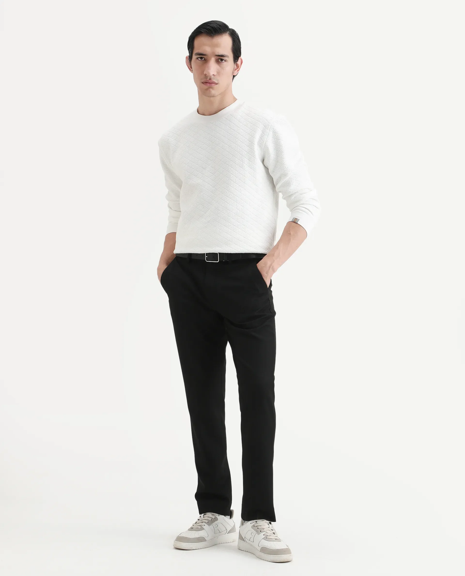 Rare Rabbit Men's Sheild-2 White Textured Regular Fit Full Sleeve Crew Neck Sweatshirt - Image 2