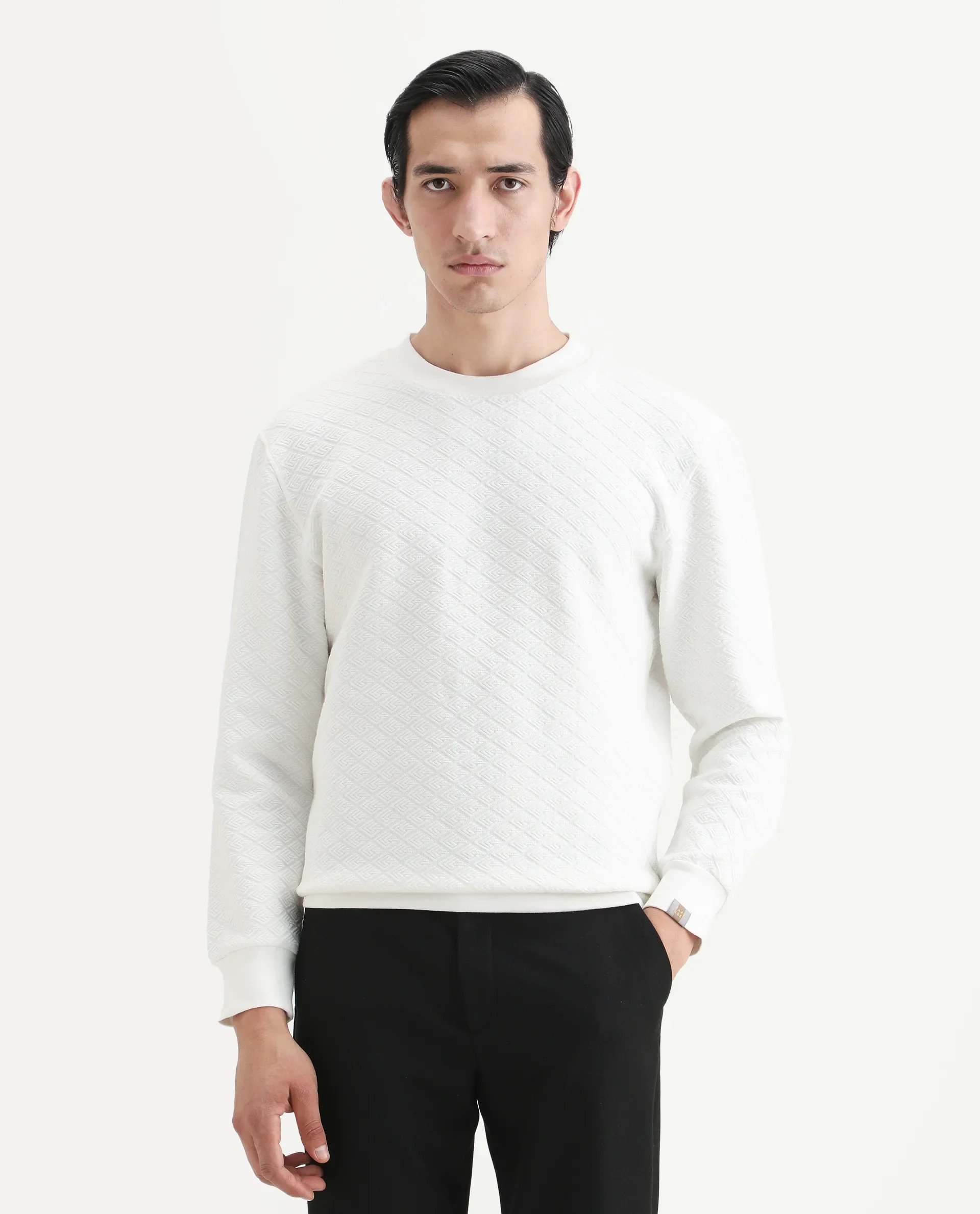 Rare Rabbit Men's Sheild-2 White Textured Regular Fit Full Sleeve Crew Neck Sweatshirt - Image 3