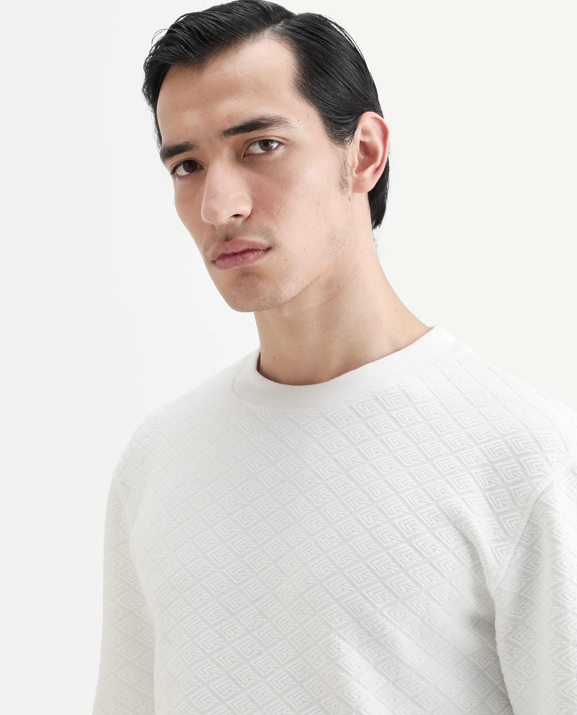 Rare Rabbit Men's Sheild-2 White Textured Regular Fit Full Sleeve Crew Neck Sweatshirt - Image 4