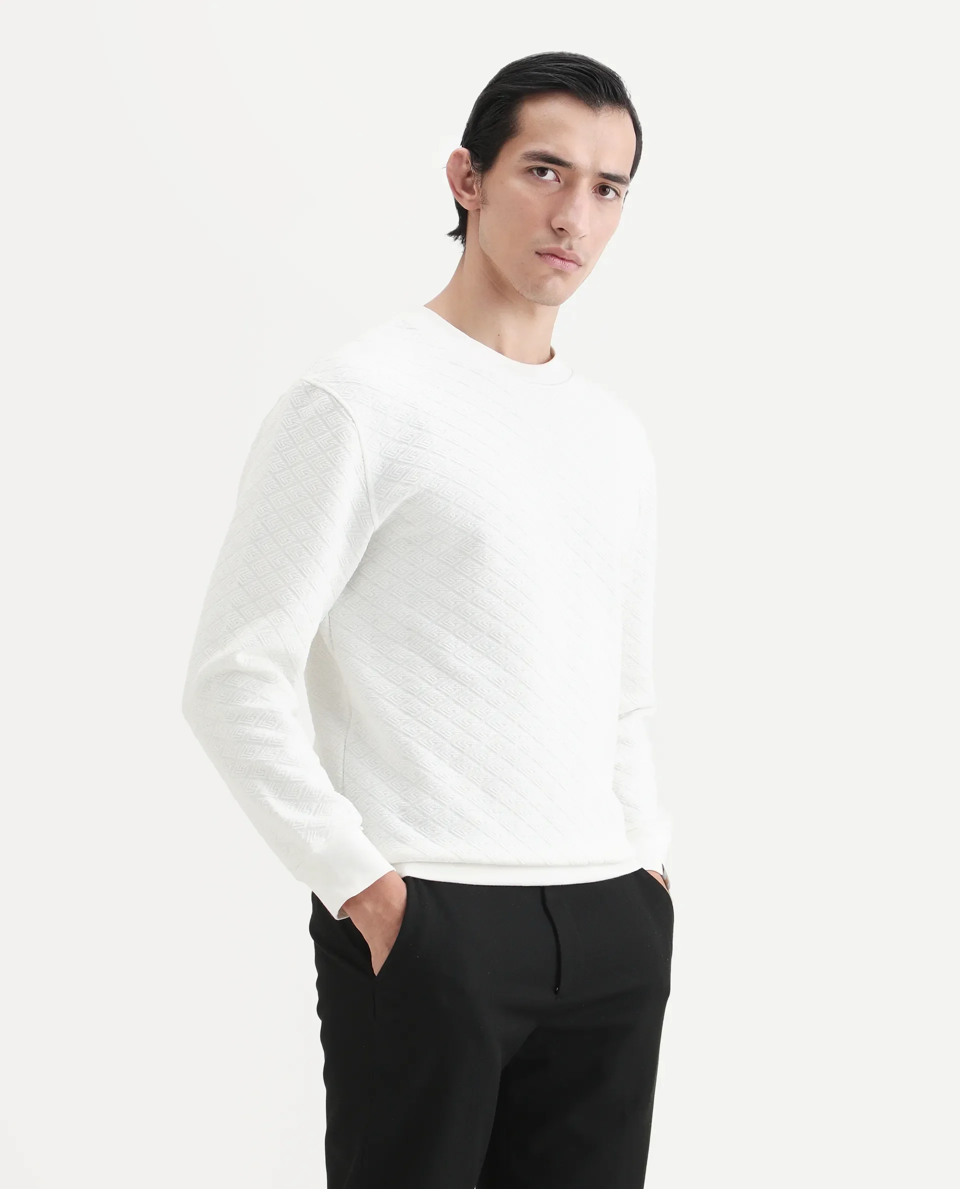 Rare Rabbit Men's Sheild-2 White Textured Regular Fit Full Sleeve Crew Neck Sweatshirt - Image 5