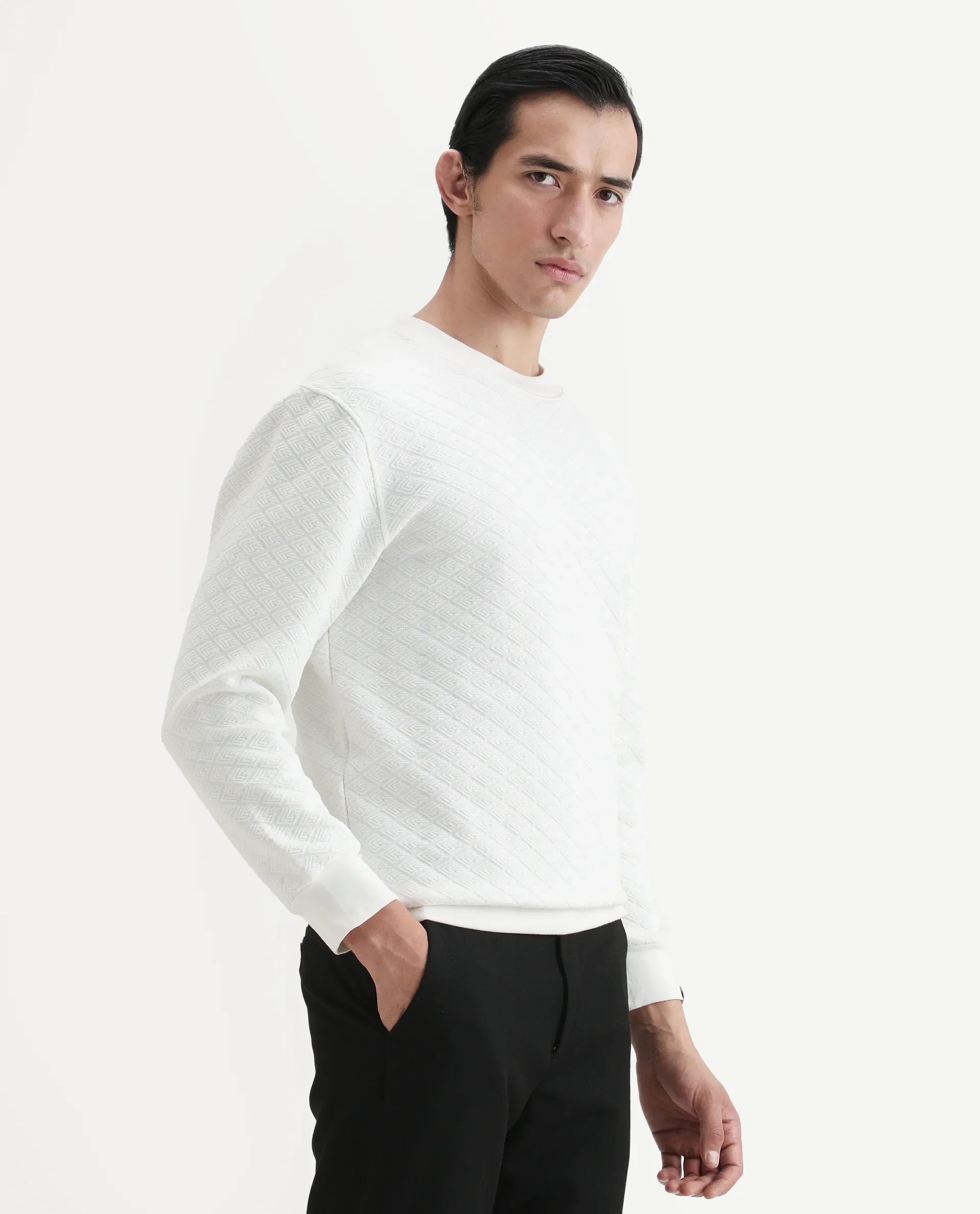 Rare Rabbit Men's Sheild-2 White Textured Regular Fit Full Sleeve Crew Neck Sweatshirt - Image 7