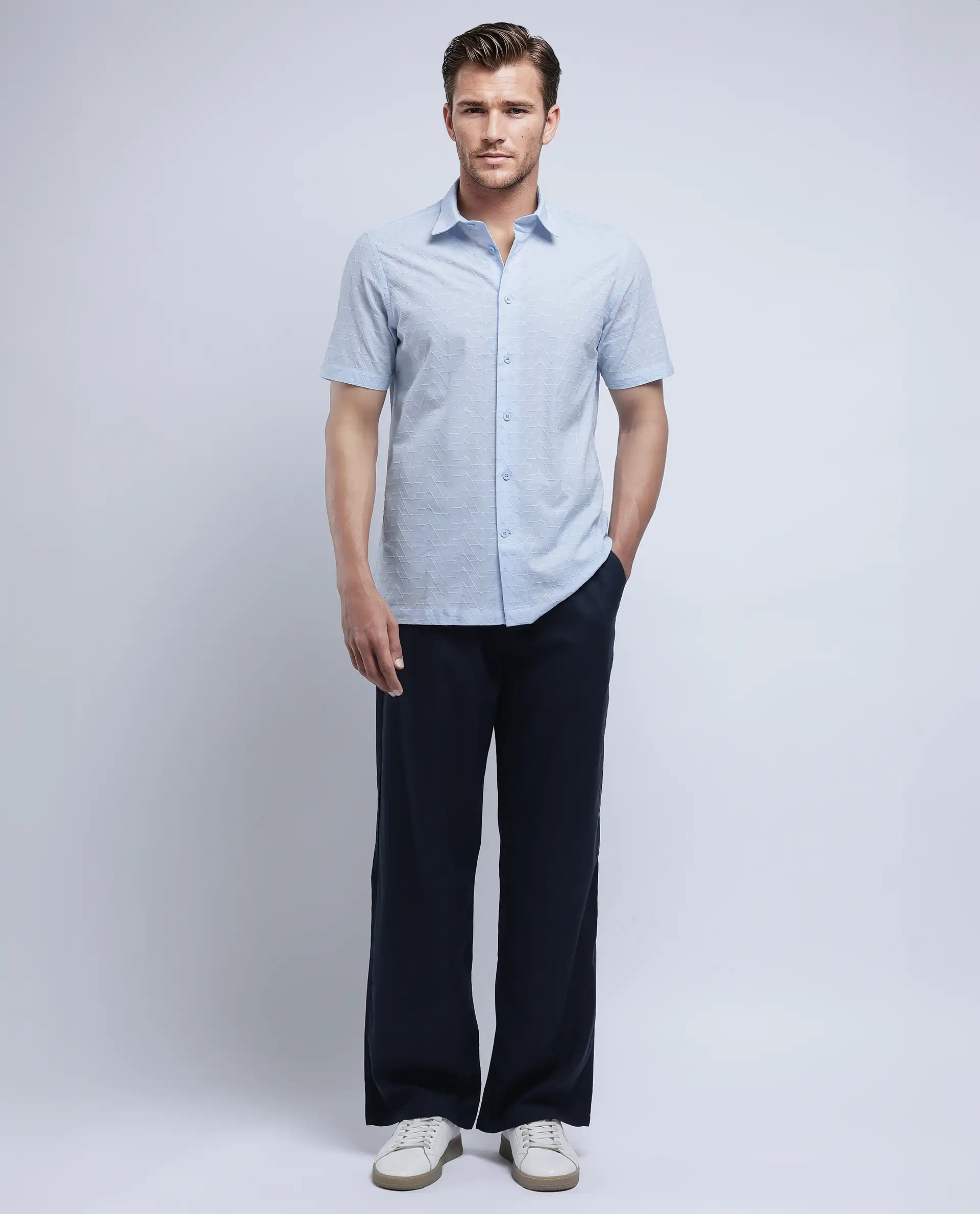Rare Rabbit Men's Shek Blue Cotton Textured Regular Fit Half Sleeve Collared Shirt - Image 2