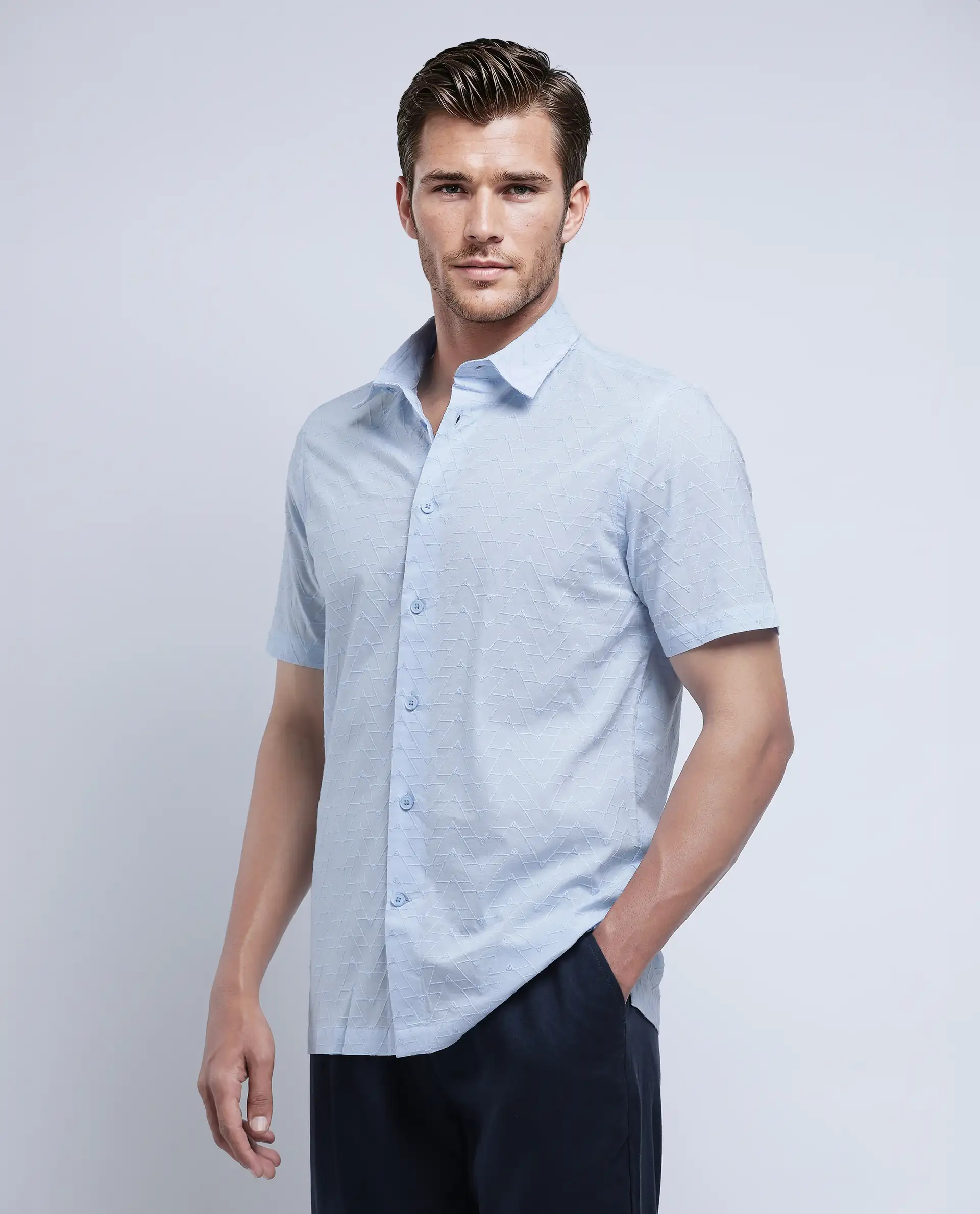 Rare Rabbit Men's Shek Blue Cotton Textured Regular Fit Half Sleeve Collared Shirt - Image 3