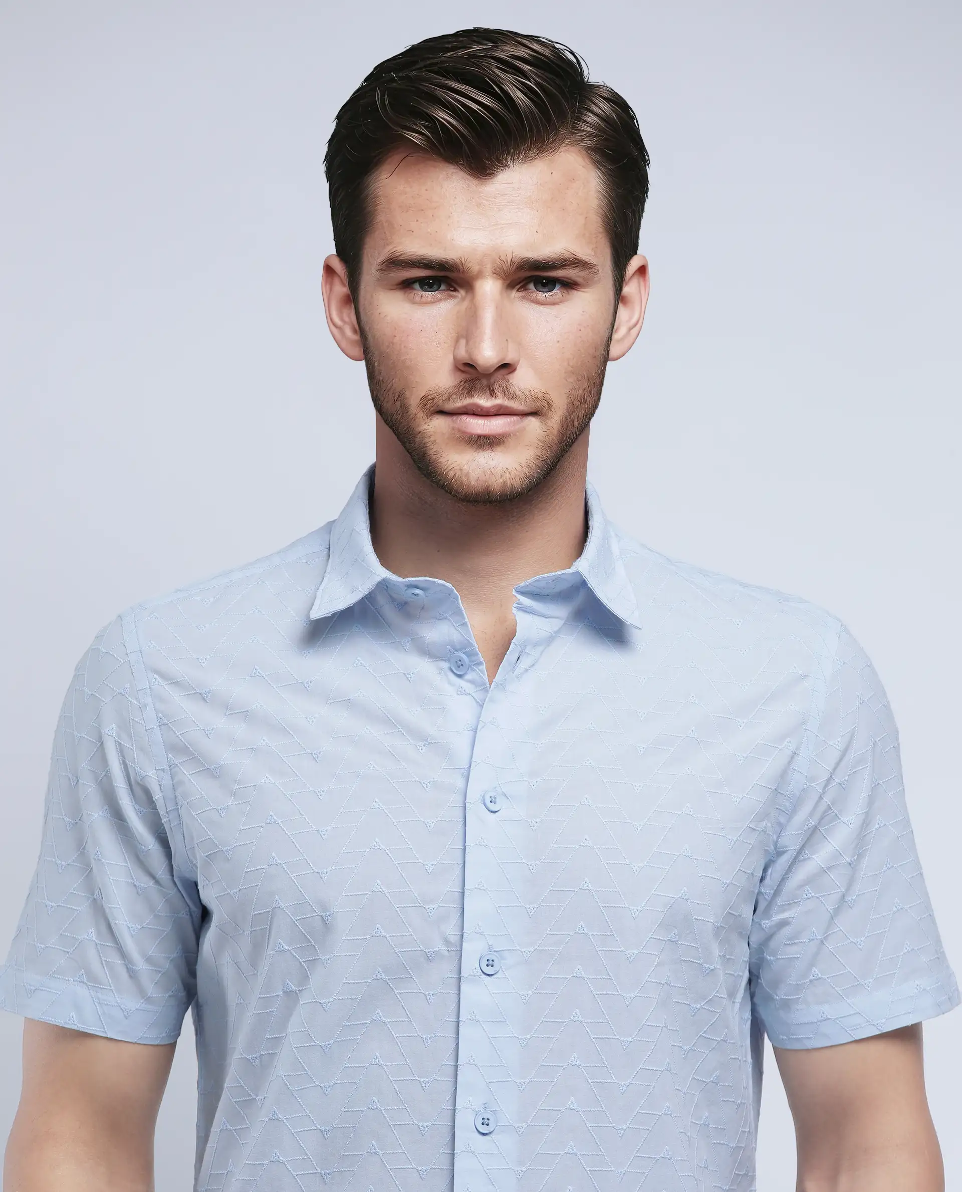 Rare Rabbit Men's Shek Blue Cotton Textured Regular Fit Half Sleeve Collared Shirt - Image 4
