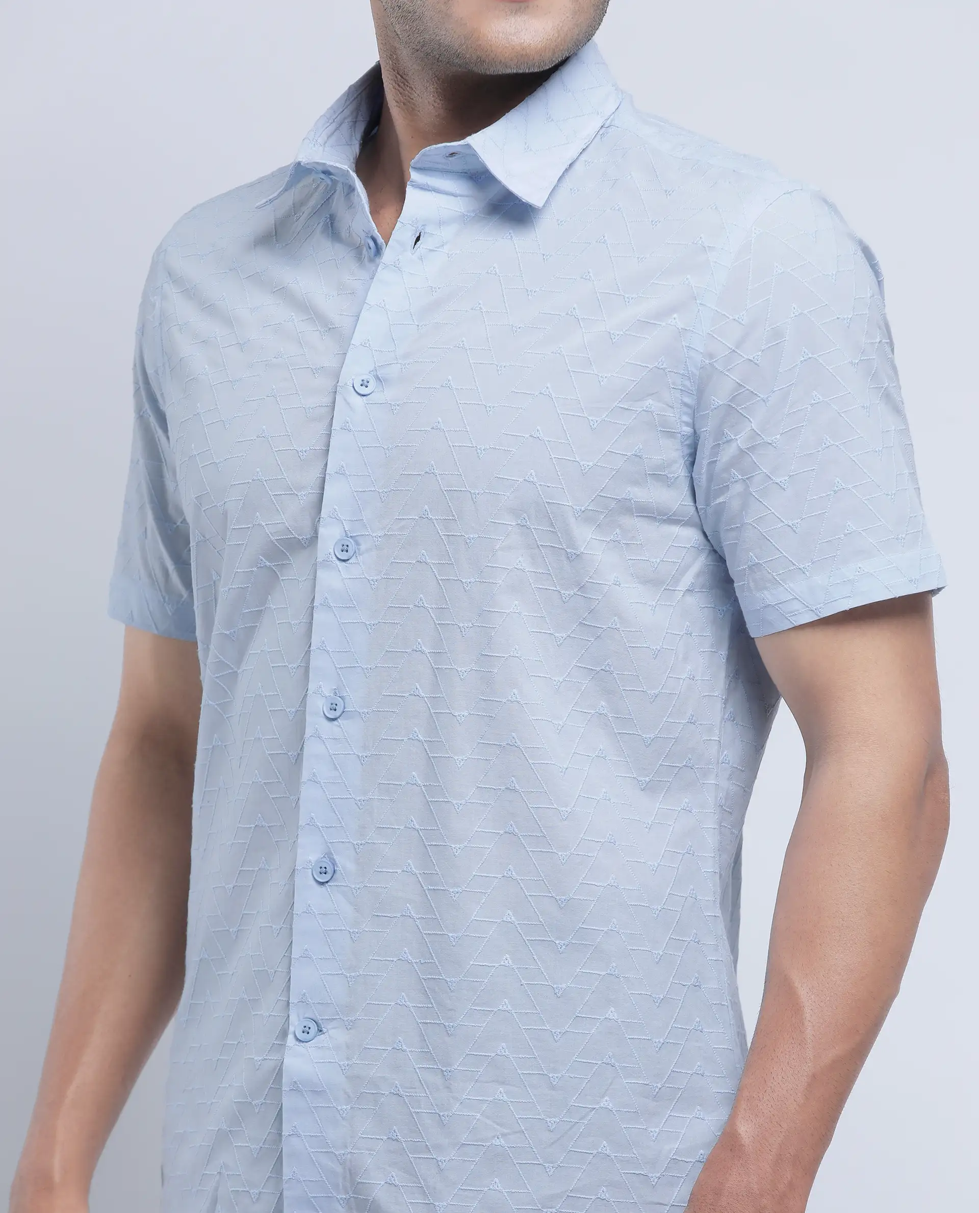 Rare Rabbit Men's Shek Blue Cotton Textured Regular Fit Half Sleeve Collared Shirt - Image 5