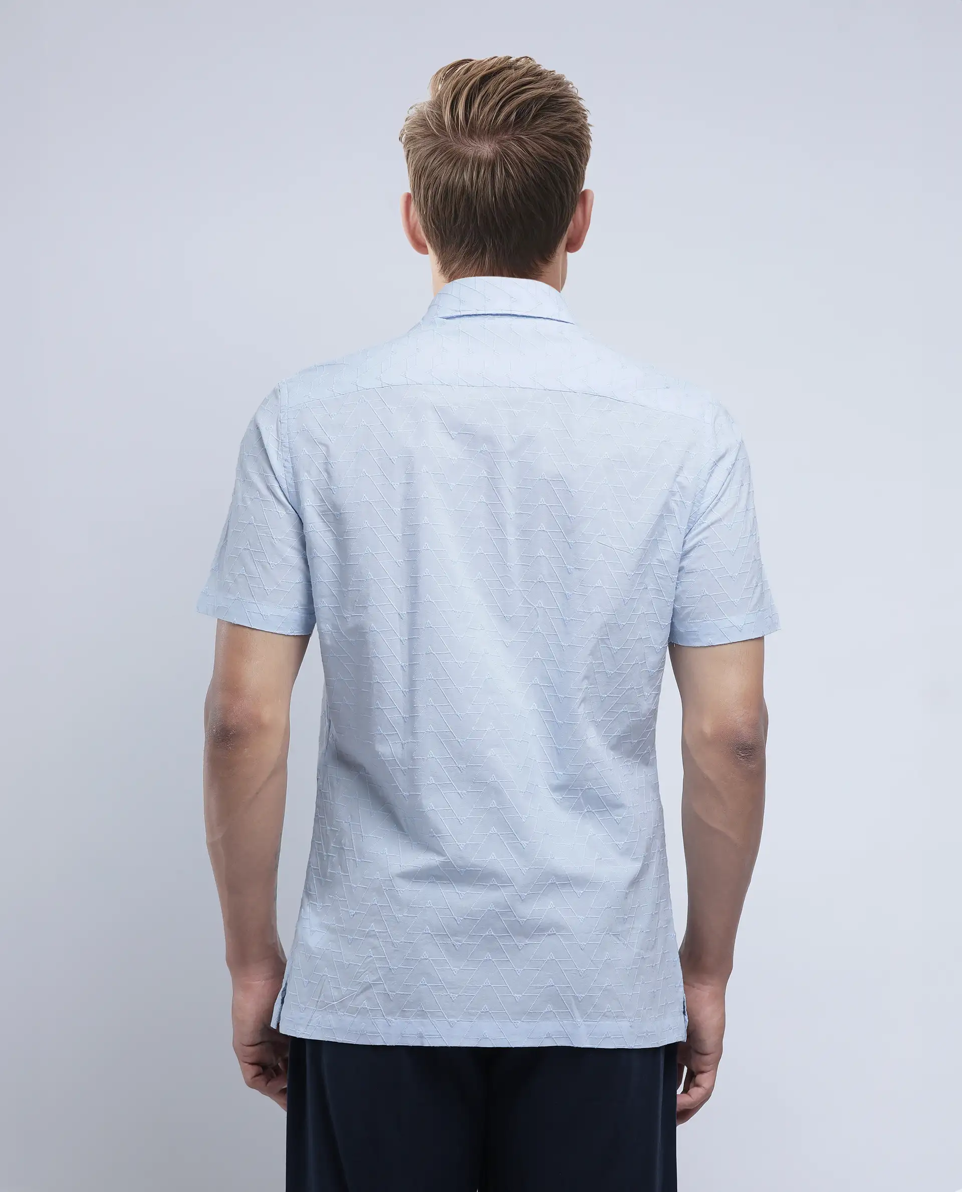 Rare Rabbit Men's Shek Blue Cotton Textured Regular Fit Half Sleeve Collared Shirt - Image 6