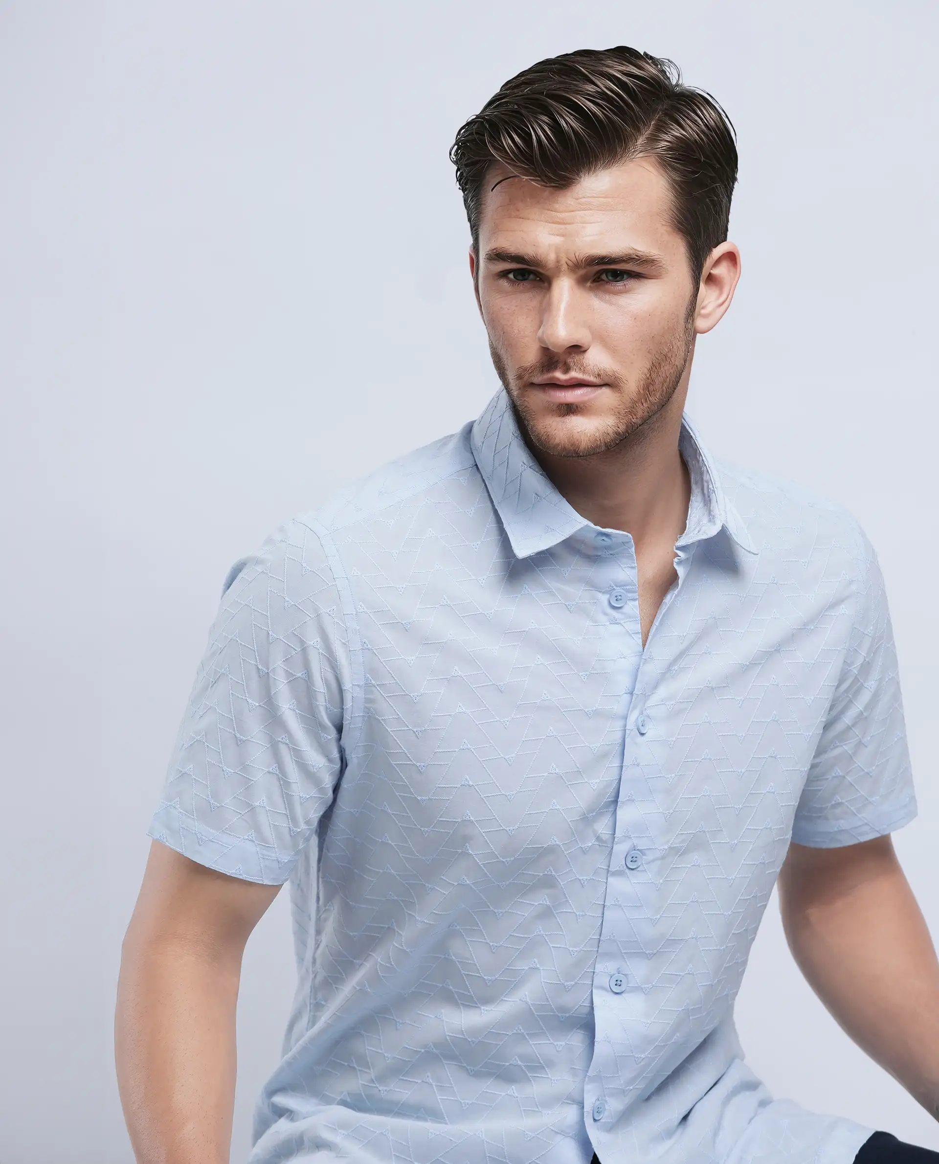 Rare Rabbit Men's Shek Blue Cotton Textured Regular Fit Half Sleeve Collared Shirt - Image 7