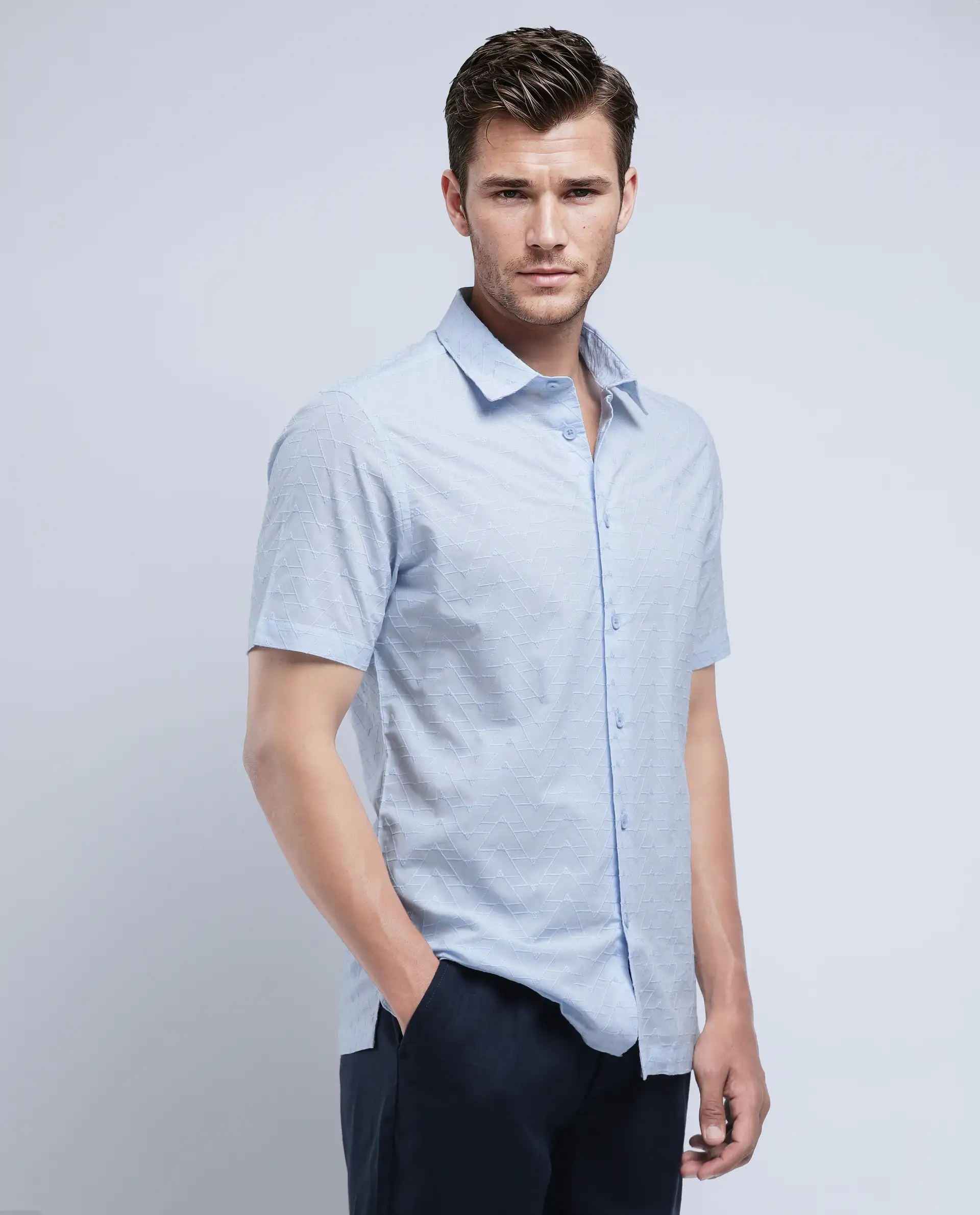 Rare Rabbit Men's Shek Blue Cotton Textured Regular Fit Half Sleeve Collared Shirt - Image 8