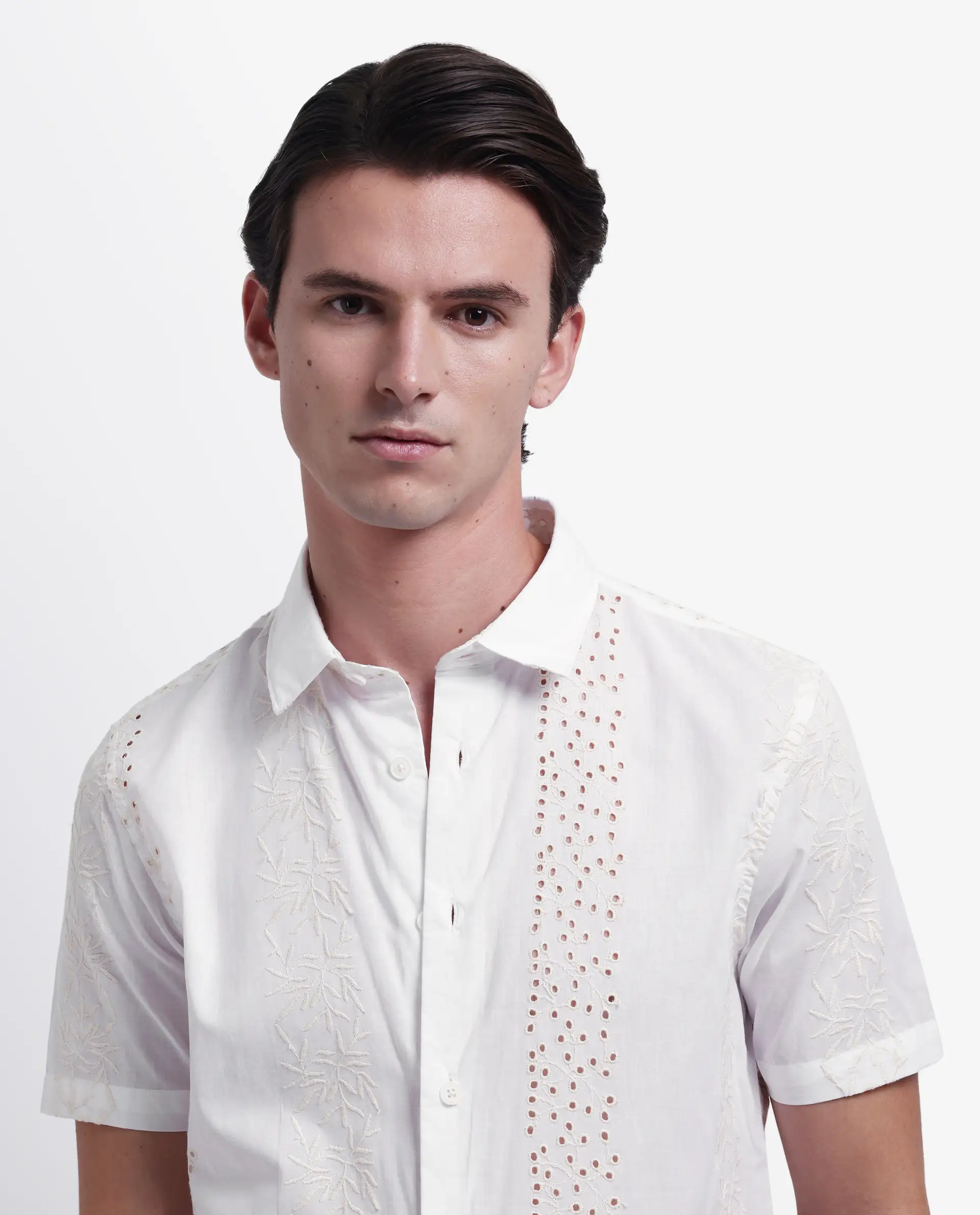Rare Rabbit Men's Shel White Cotton Embroidered Regular Fit Half Sleeve Collared Shirt - Image 2