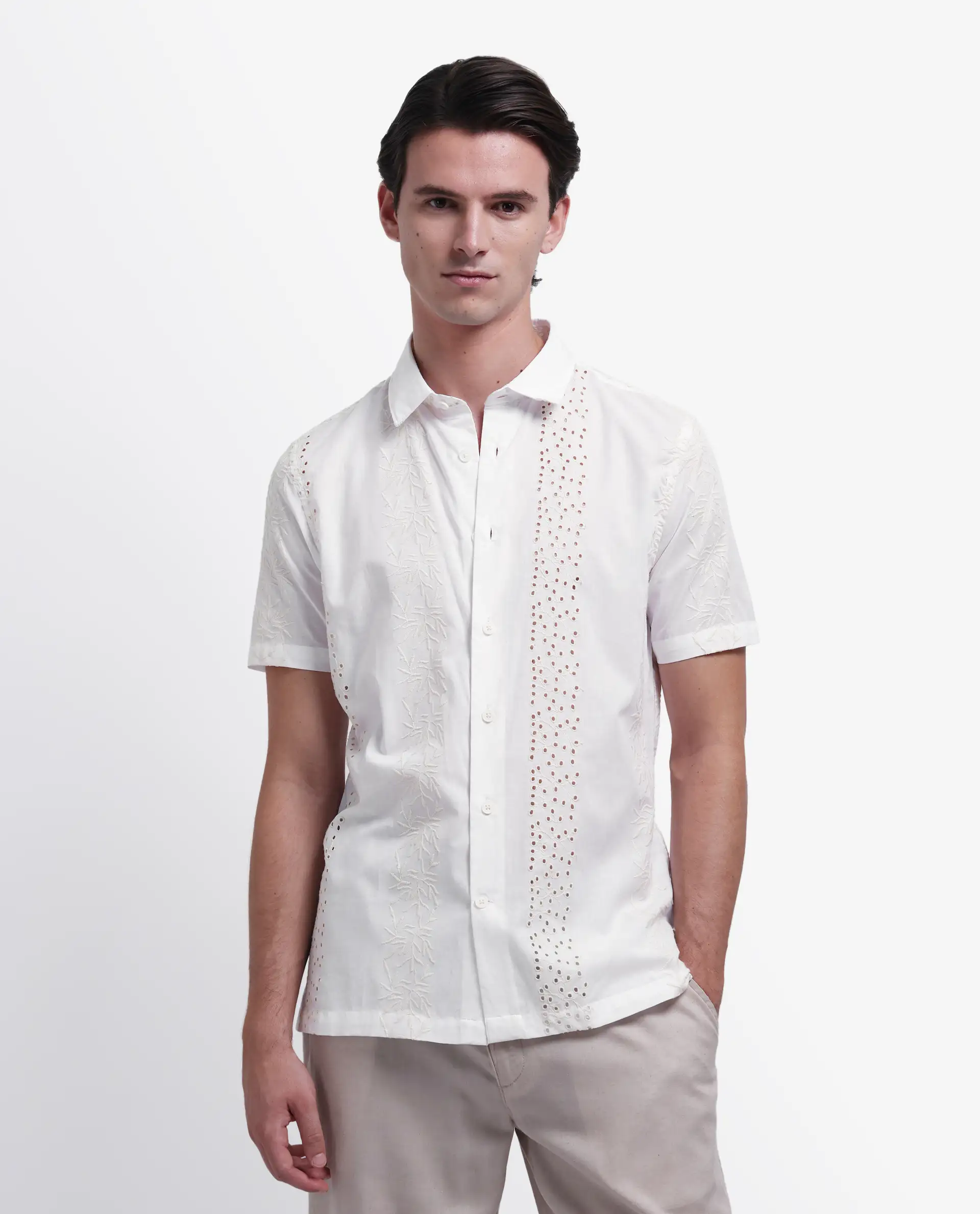 Rare Rabbit Men's Shel White Cotton Embroidered Regular Fit Half Sleeve Collared Shirt - Image 3