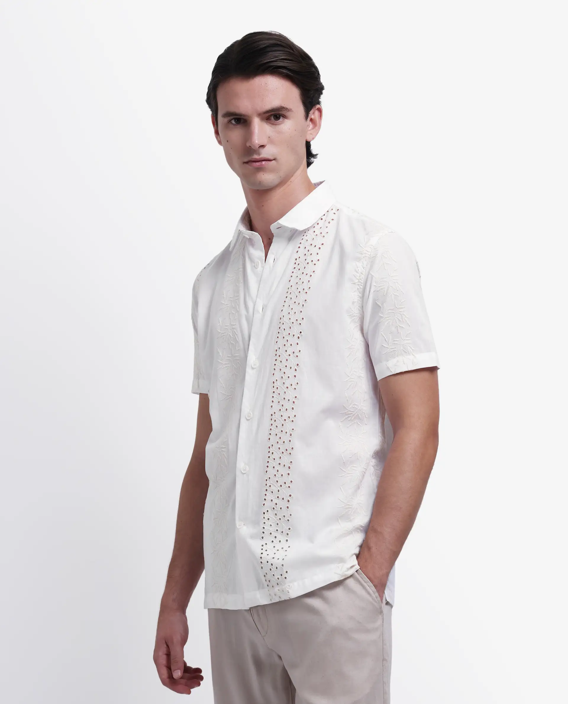 Rare Rabbit Men's Shel White Cotton Embroidered Regular Fit Half Sleeve Collared Shirt - Image 4