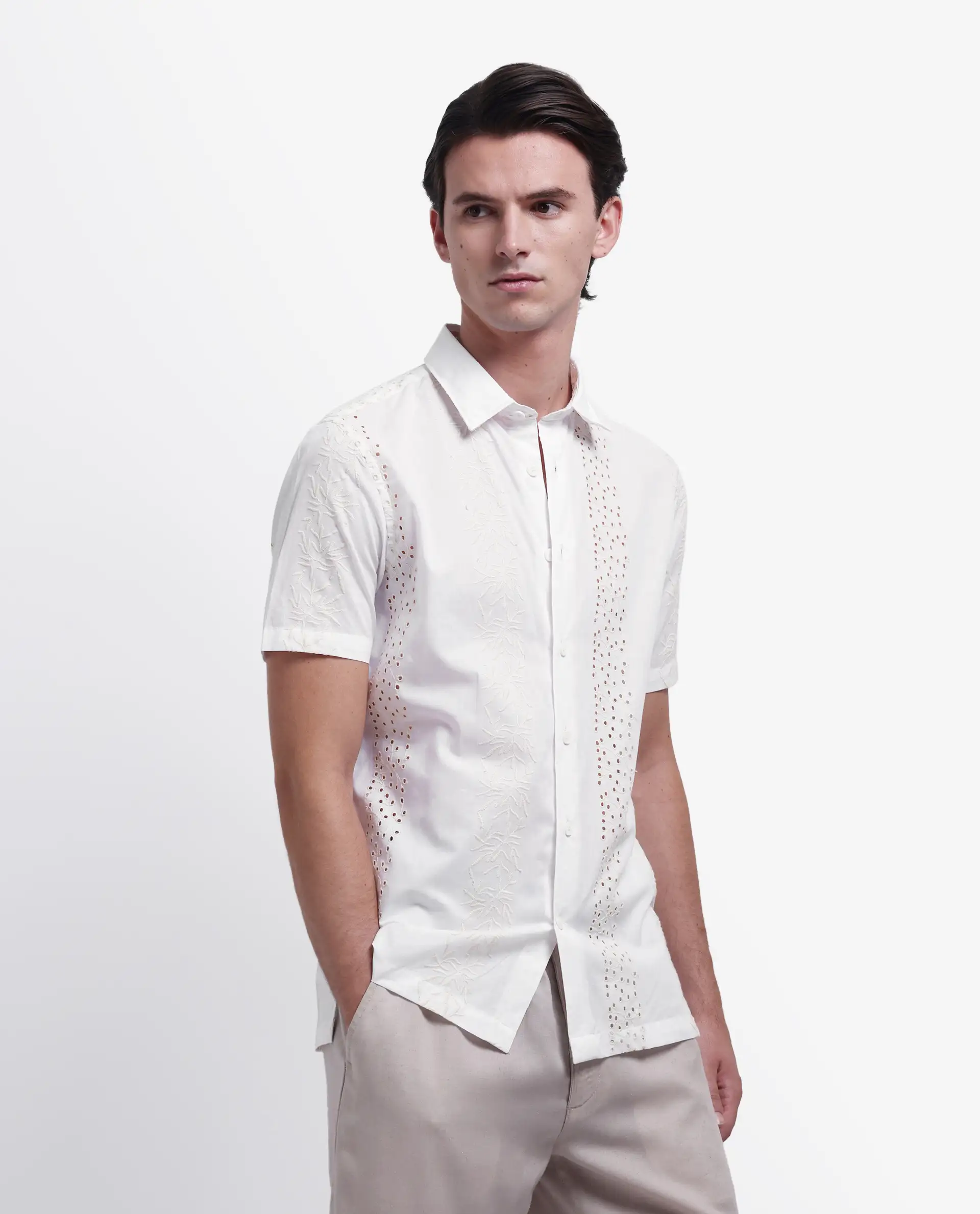 Rare Rabbit Men's Shel White Cotton Embroidered Regular Fit Half Sleeve Collared Shirt - Image 5