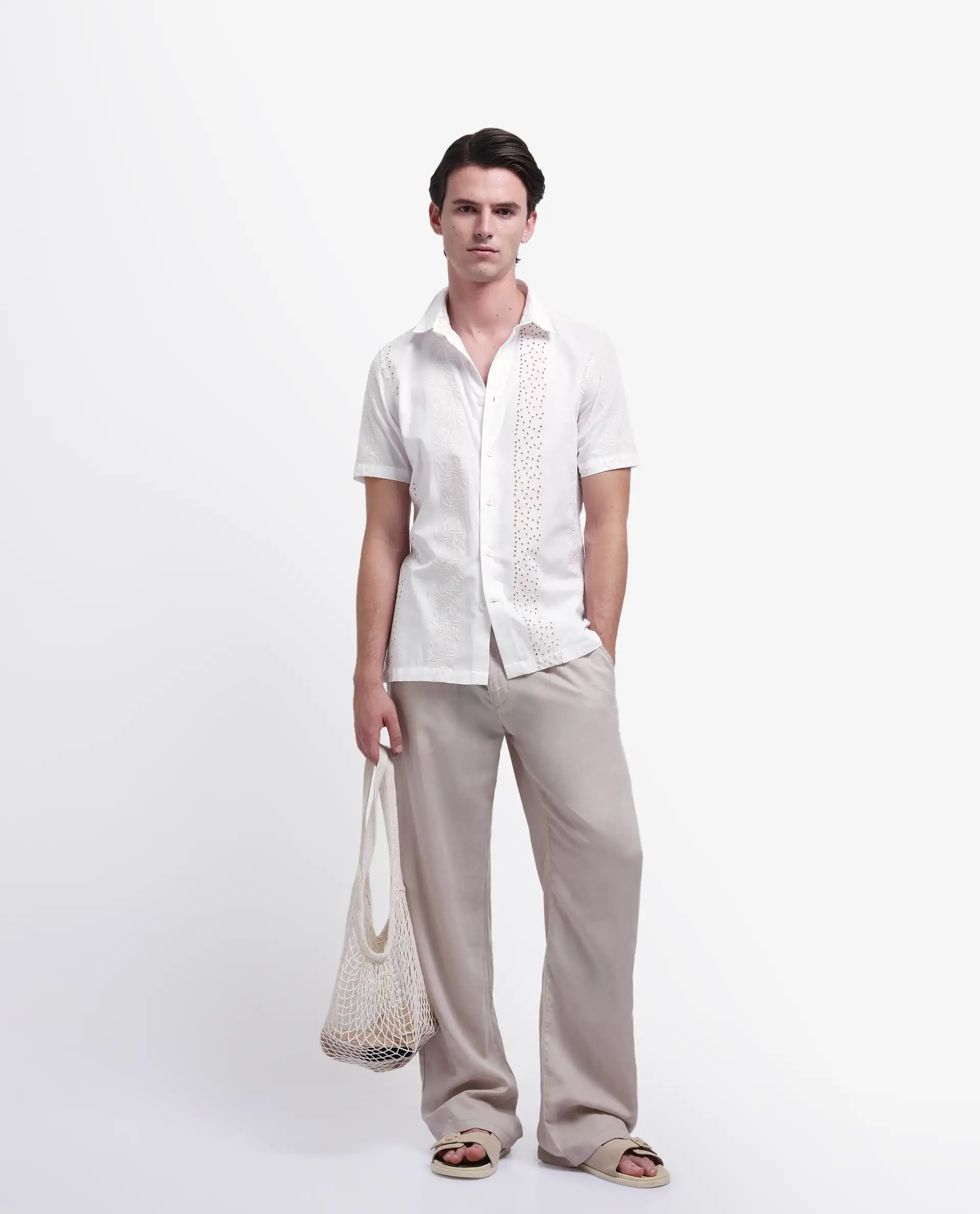 Rare Rabbit Men's Shel White Cotton Embroidered Regular Fit Half Sleeve Collared Shirt - Image 6