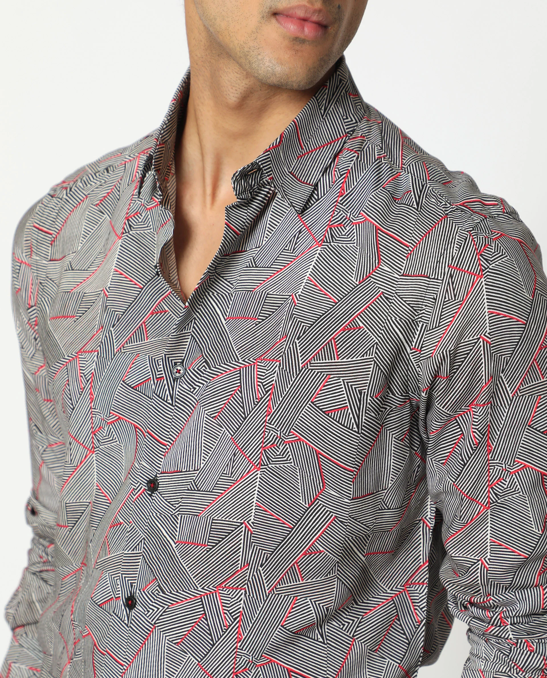 Rare Rabbit Men's Shell Black Viscose Geometric Print Regular Fit Full Sleeve Collared Shirt - Image 2