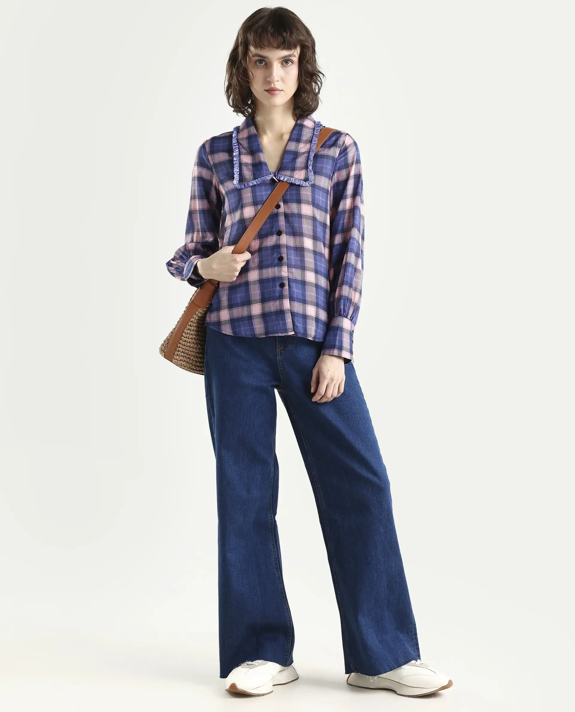Rareism Women's Shellbuto Purple Cotton Chelea Collar Flannel Print Volume Sleeve Relaxed Fit Top - Image 2