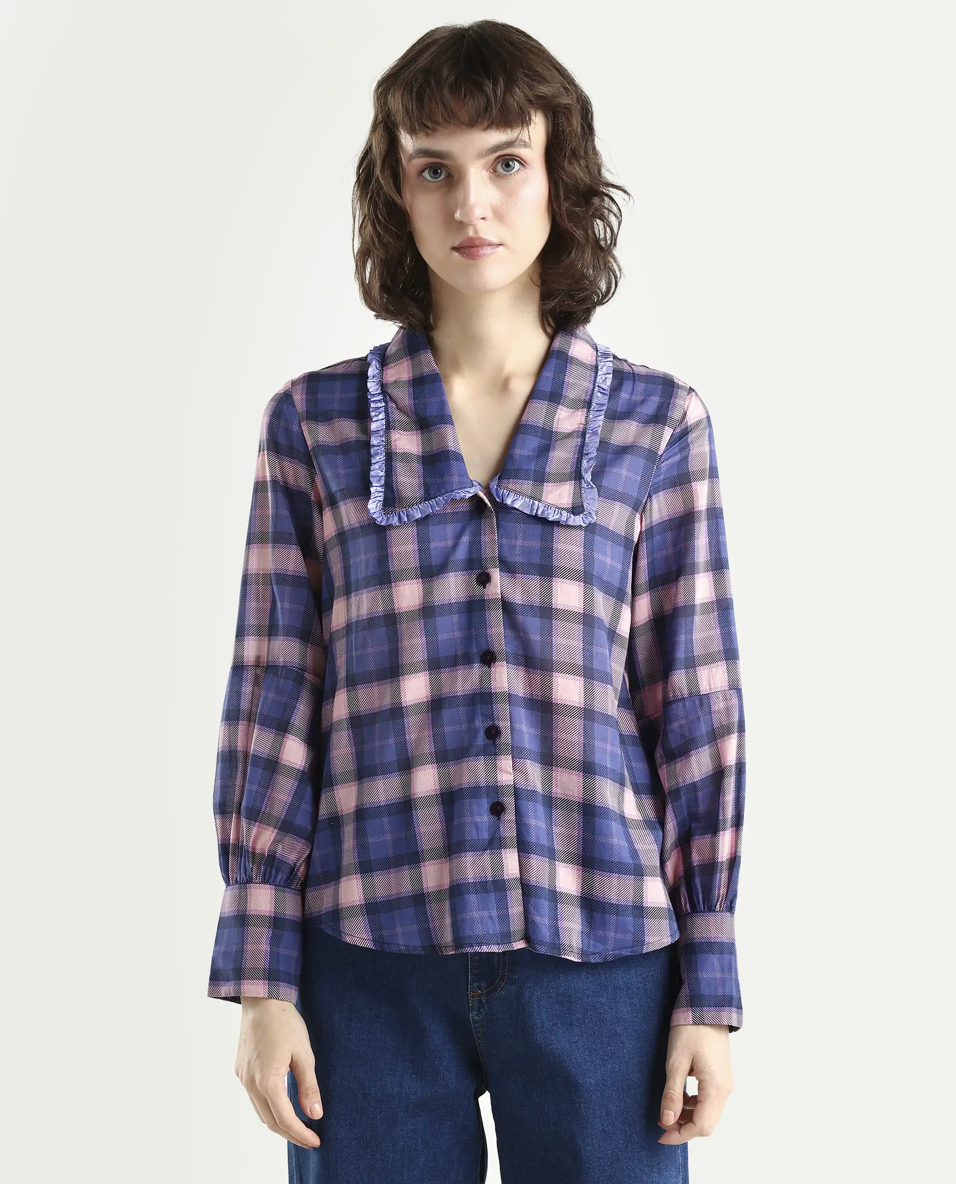 Rareism Women's Shellbuto Purple Cotton Chelea Collar Flannel Print Volume Sleeve Relaxed Fit Top - Image 3