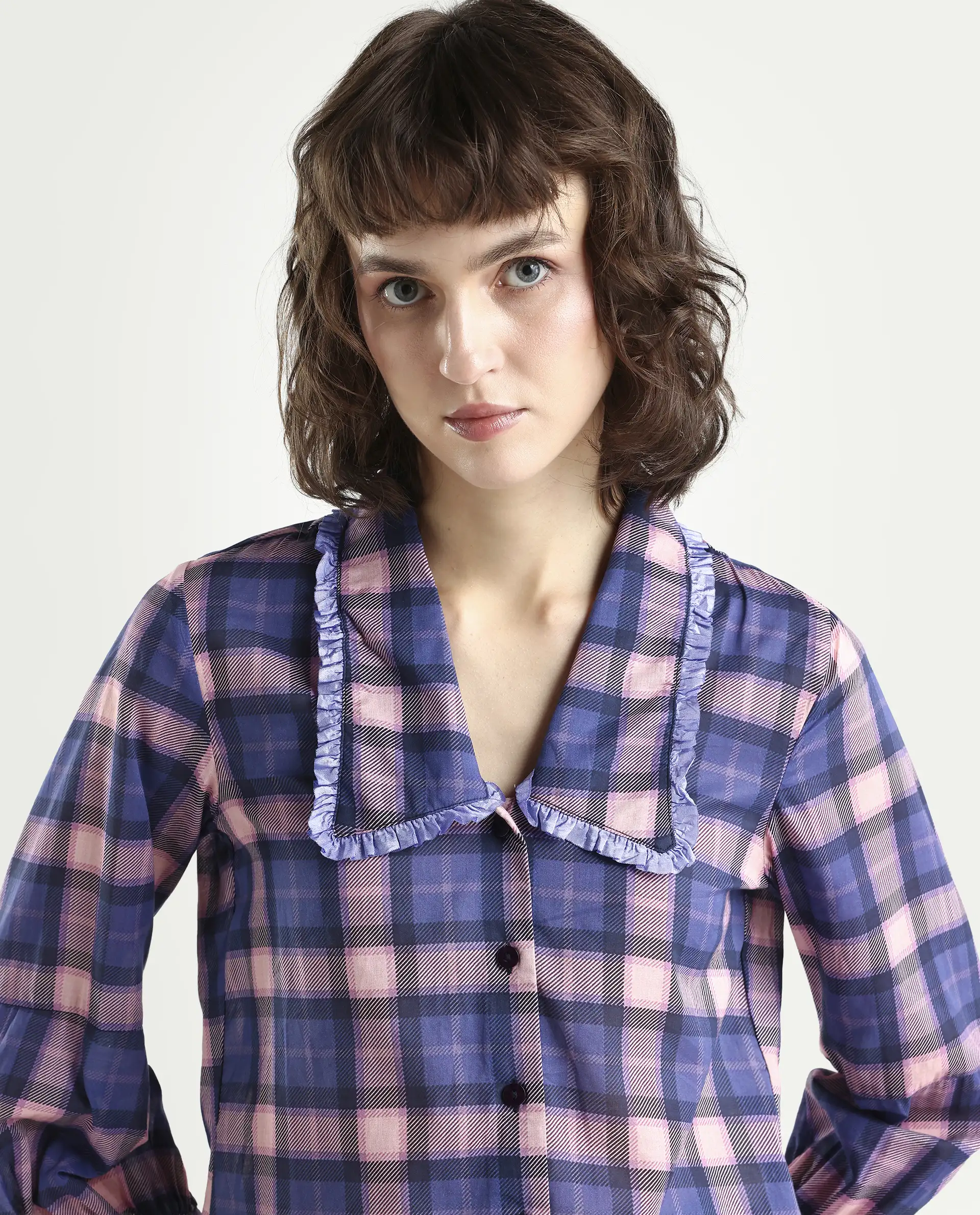 Rareism Women's Shellbuto Purple Cotton Chelea Collar Flannel Print Volume Sleeve Relaxed Fit Top - Image 4