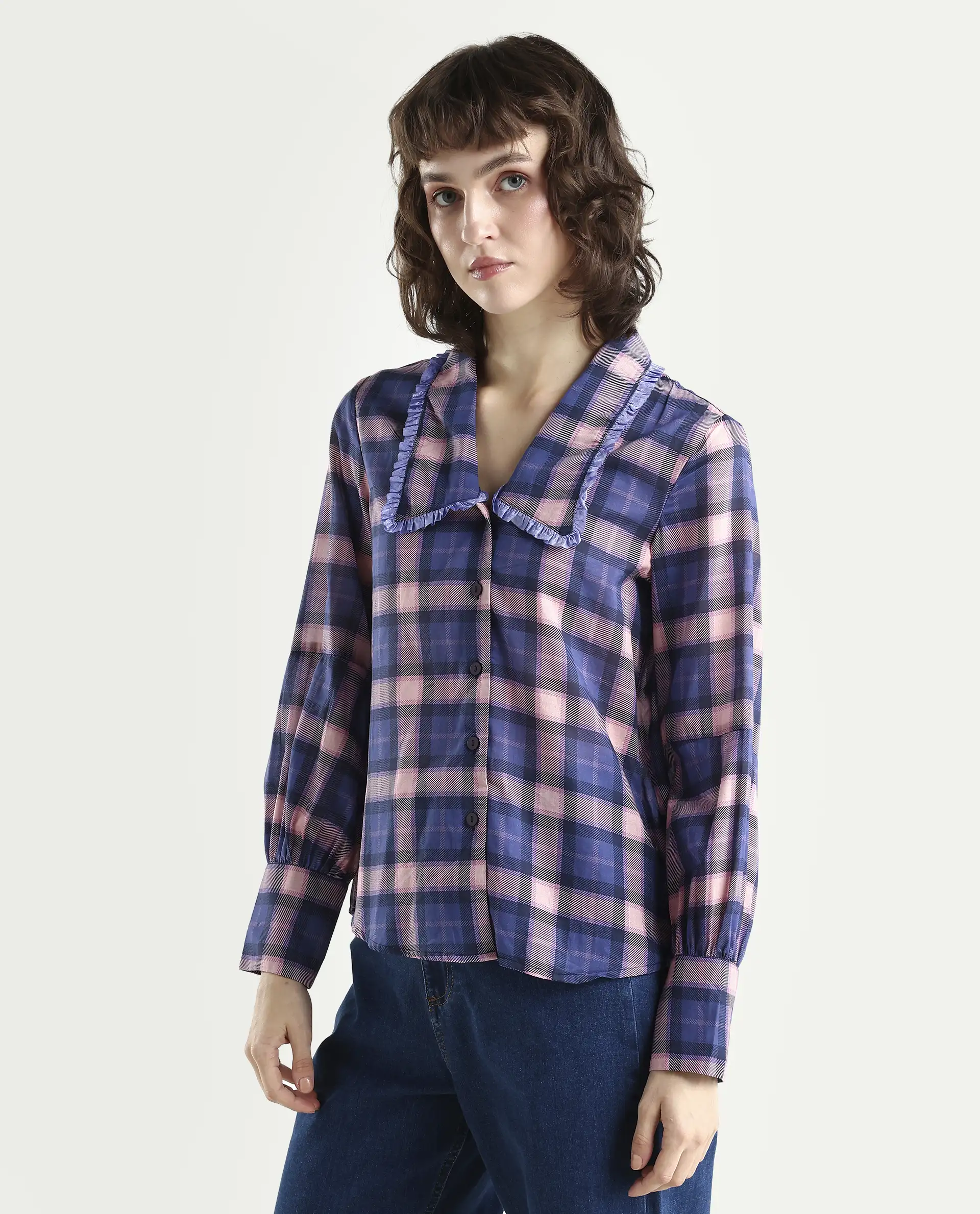 Rareism Women's Shellbuto Purple Cotton Chelea Collar Flannel Print Volume Sleeve Relaxed Fit Top - Image 5