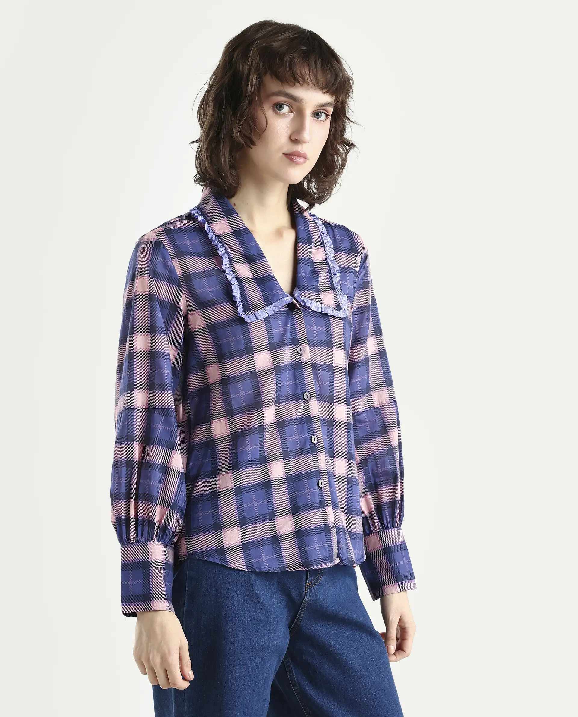 Rareism Women's Shellbuto Purple Cotton Chelea Collar Flannel Print Volume Sleeve Relaxed Fit Top - Image 6