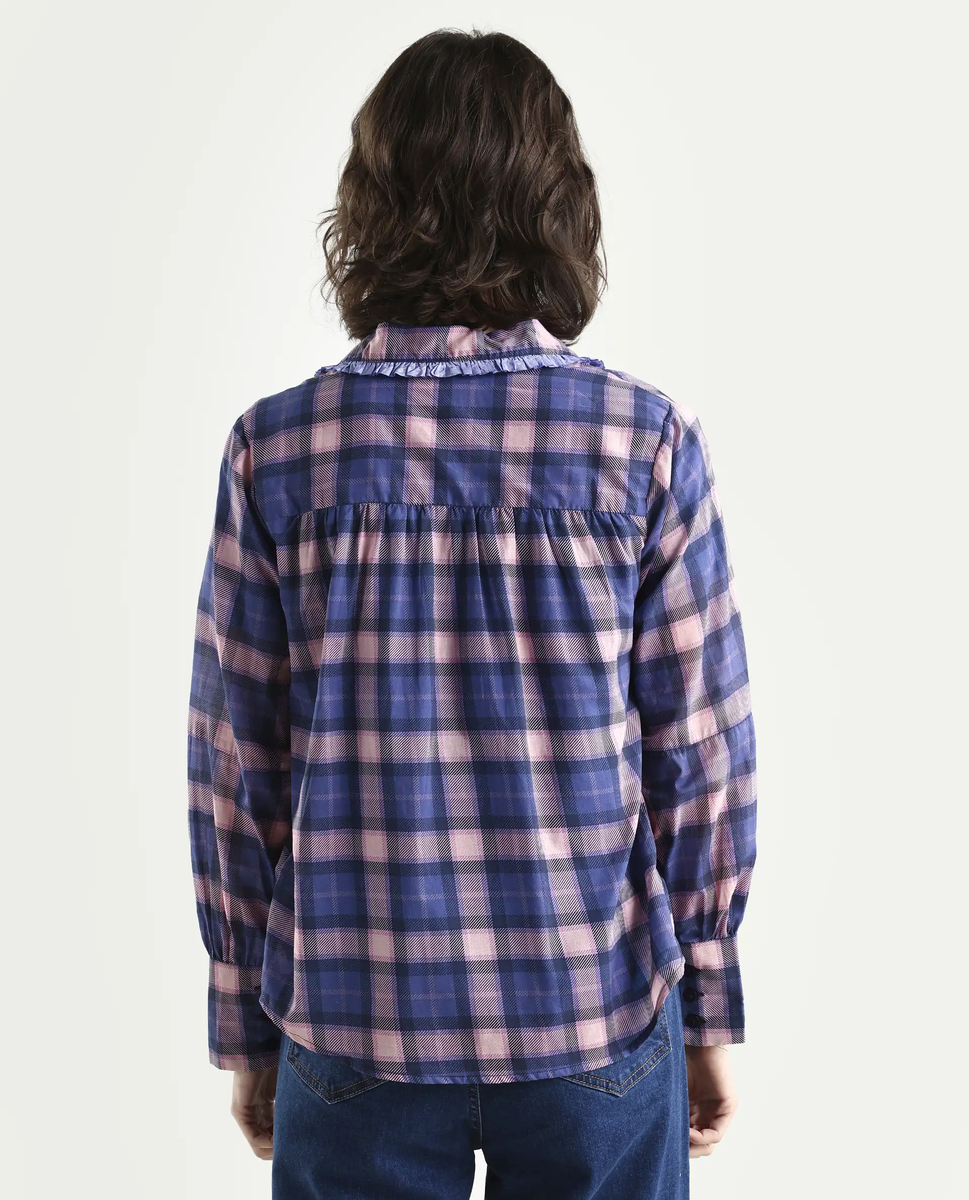 Rareism Women's Shellbuto Purple Cotton Chelea Collar Flannel Print Volume Sleeve Relaxed Fit Top - Image 7