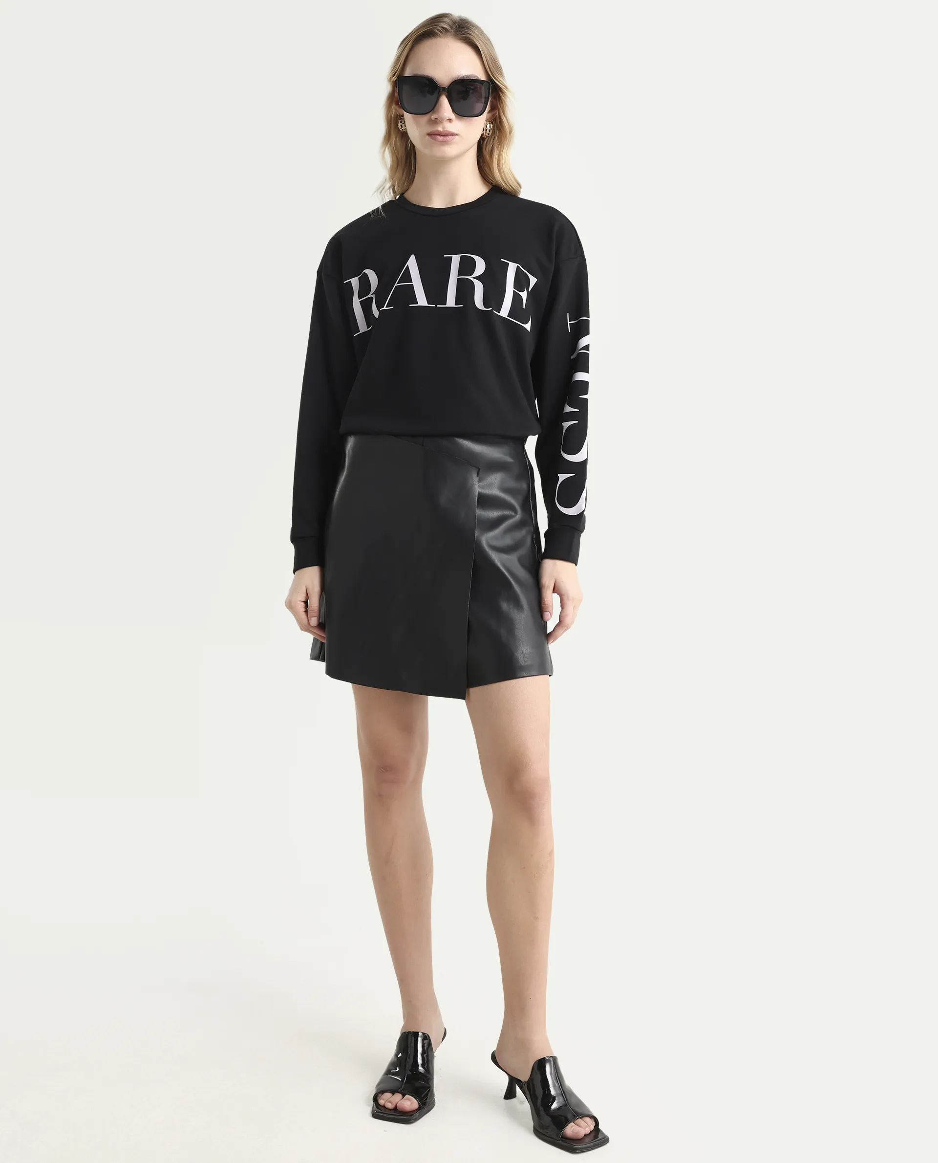 Rareism Women's Shelly Black Polyester Blend Crew Neck Graphic Print Cuffed Sleeve Relaxed Fit Sweatshirt - Image 2