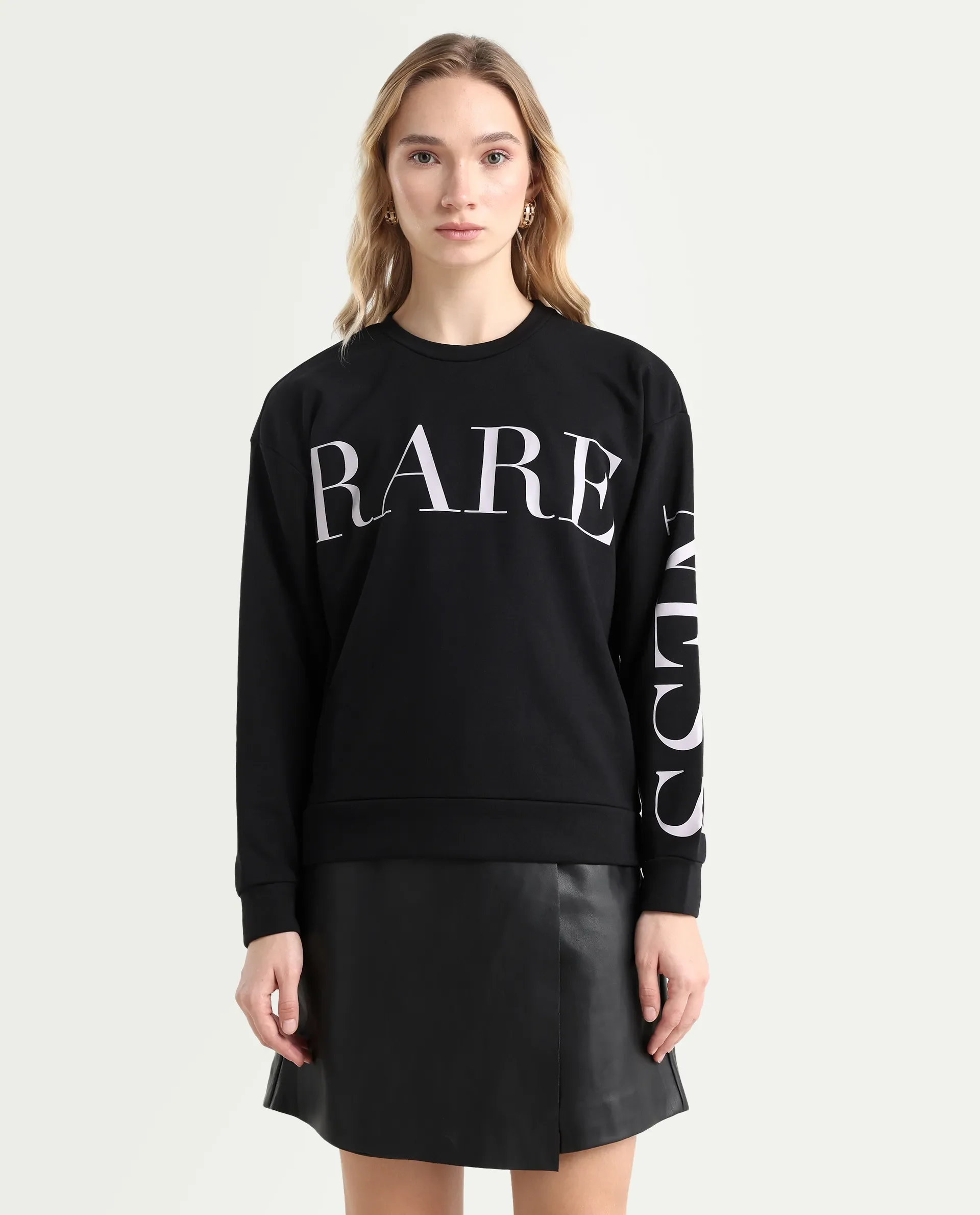 Rareism Women's Shelly Black Polyester Blend Crew Neck Graphic Print Cuffed Sleeve Relaxed Fit Sweatshirt - Image 3