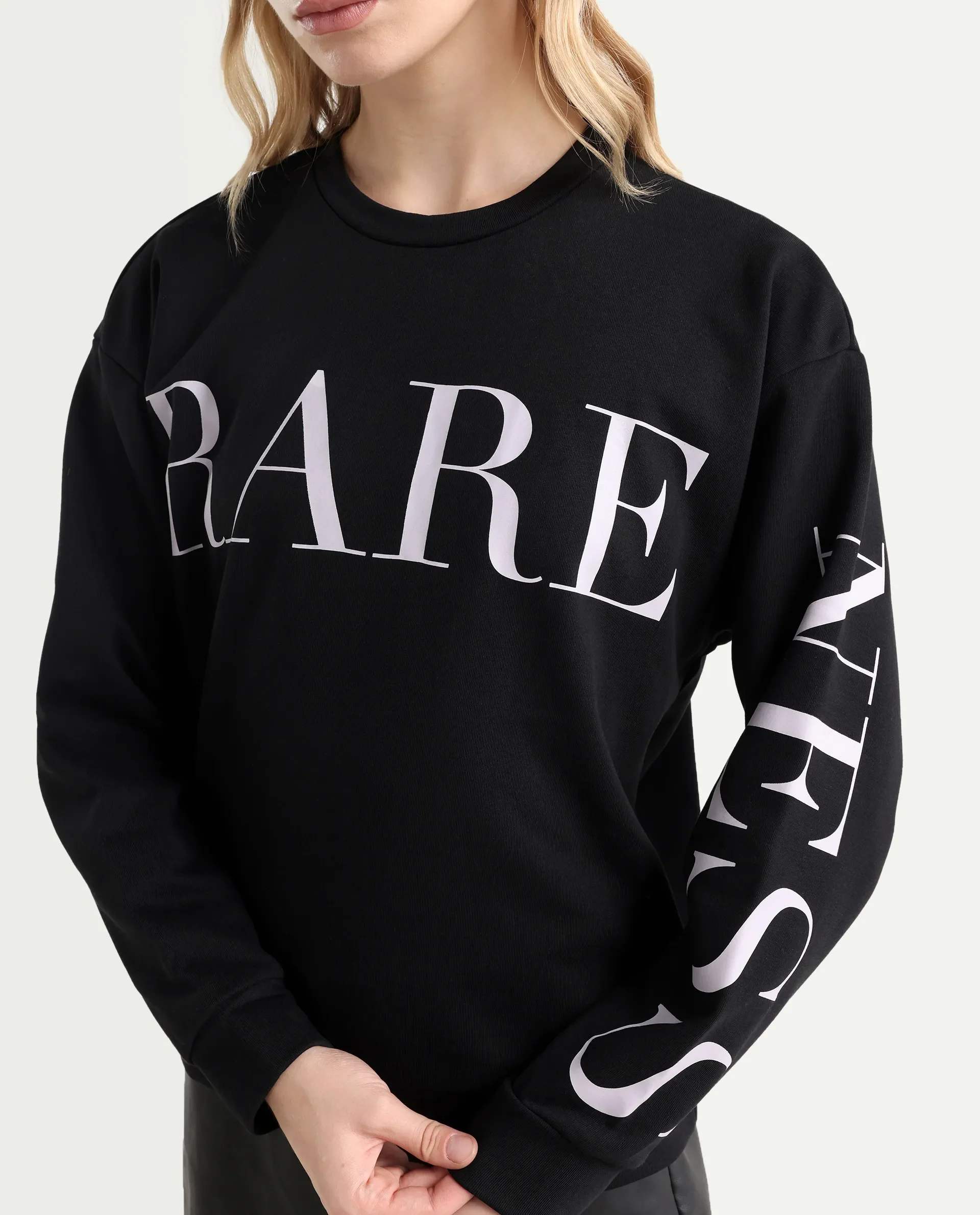 Rareism Women's Shelly Black Polyester Blend Crew Neck Graphic Print Cuffed Sleeve Relaxed Fit Sweatshirt - Image 4