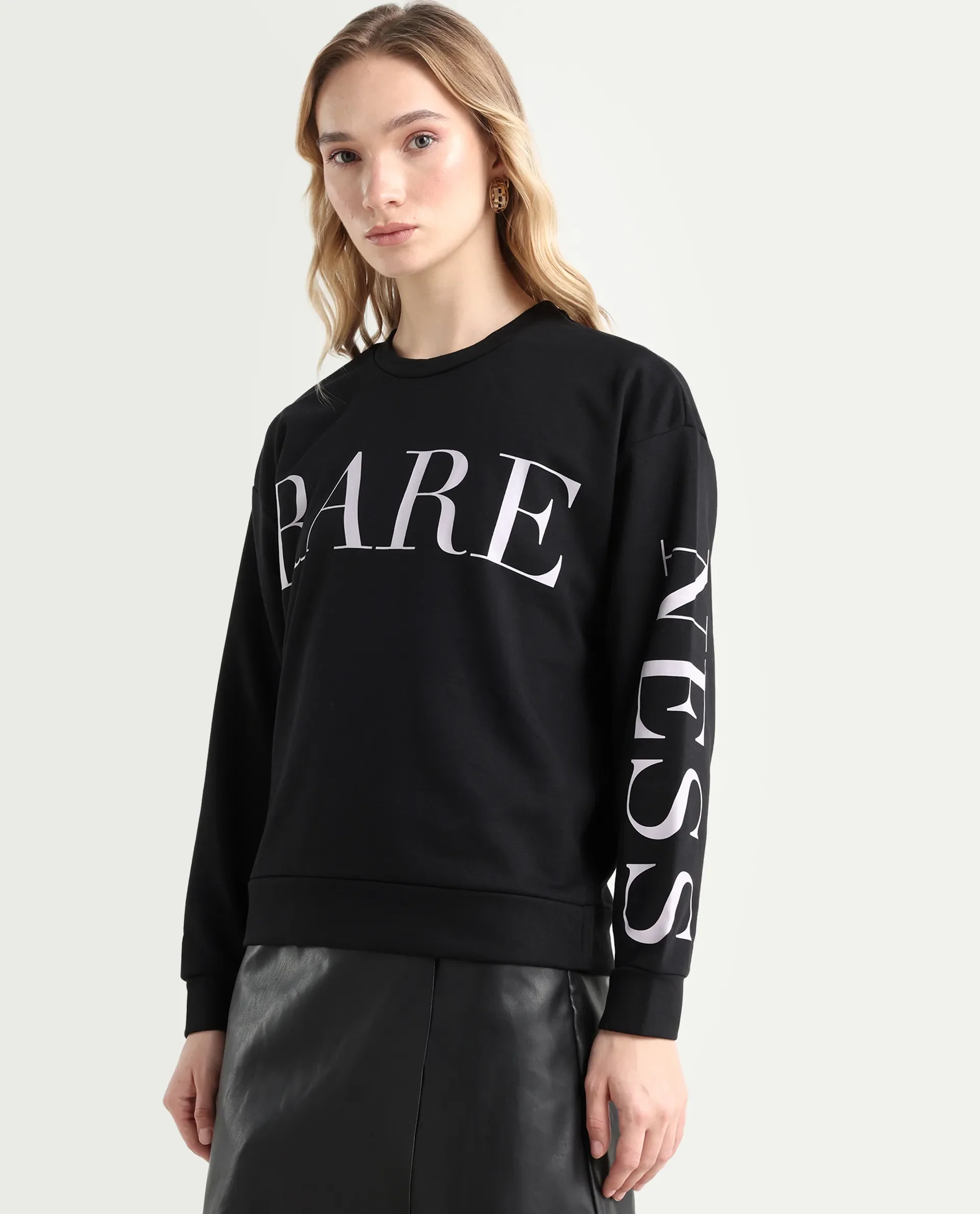 Rareism Women's Shelly Black Polyester Blend Crew Neck Graphic Print Cuffed Sleeve Relaxed Fit Sweatshirt - Image 5