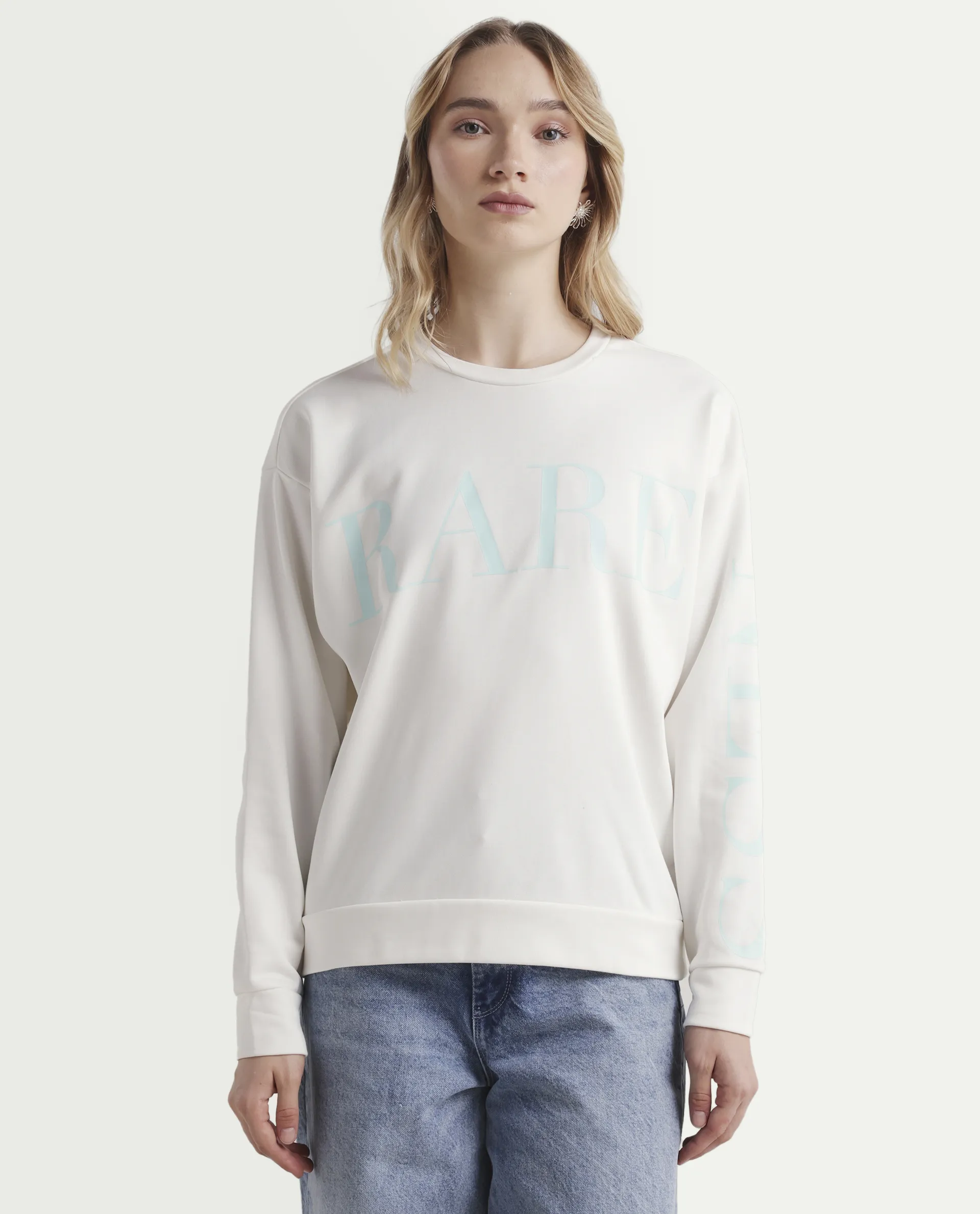 Rareism Women's Shelly Off White Polyester Blend Crew Neck Graphic Print Cuffed Sleeve Relaxed Fit Sweatshirt - Image 3