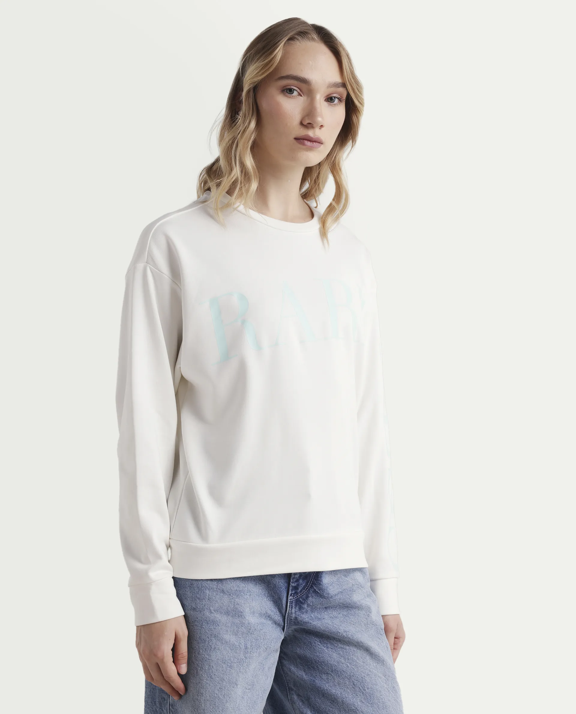 Rareism Women's Shelly Off White Polyester Blend Crew Neck Graphic Print Cuffed Sleeve Relaxed Fit Sweatshirt - Image 5