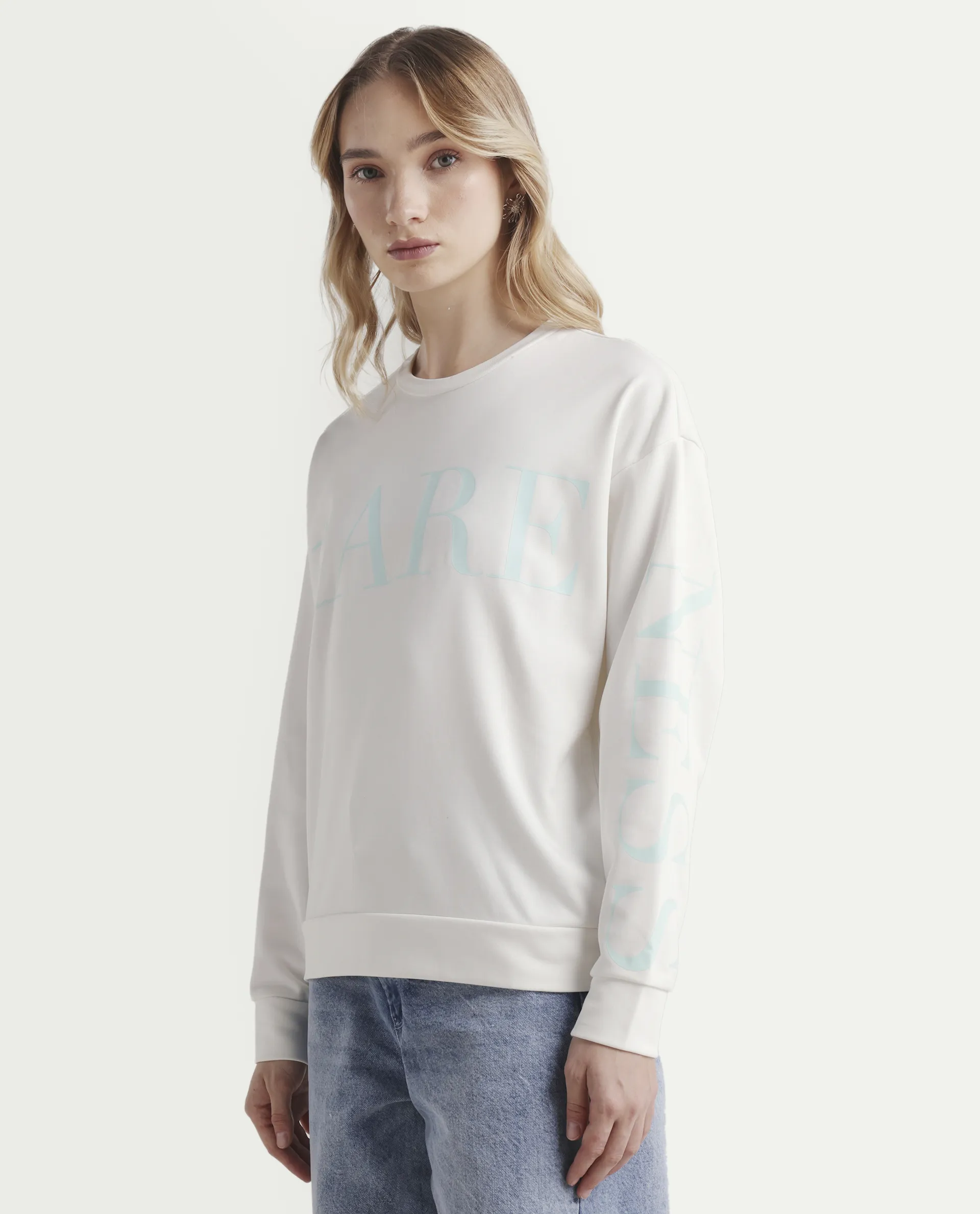 Rareism Women's Shelly Off White Polyester Blend Crew Neck Graphic Print Cuffed Sleeve Relaxed Fit Sweatshirt - Image 6