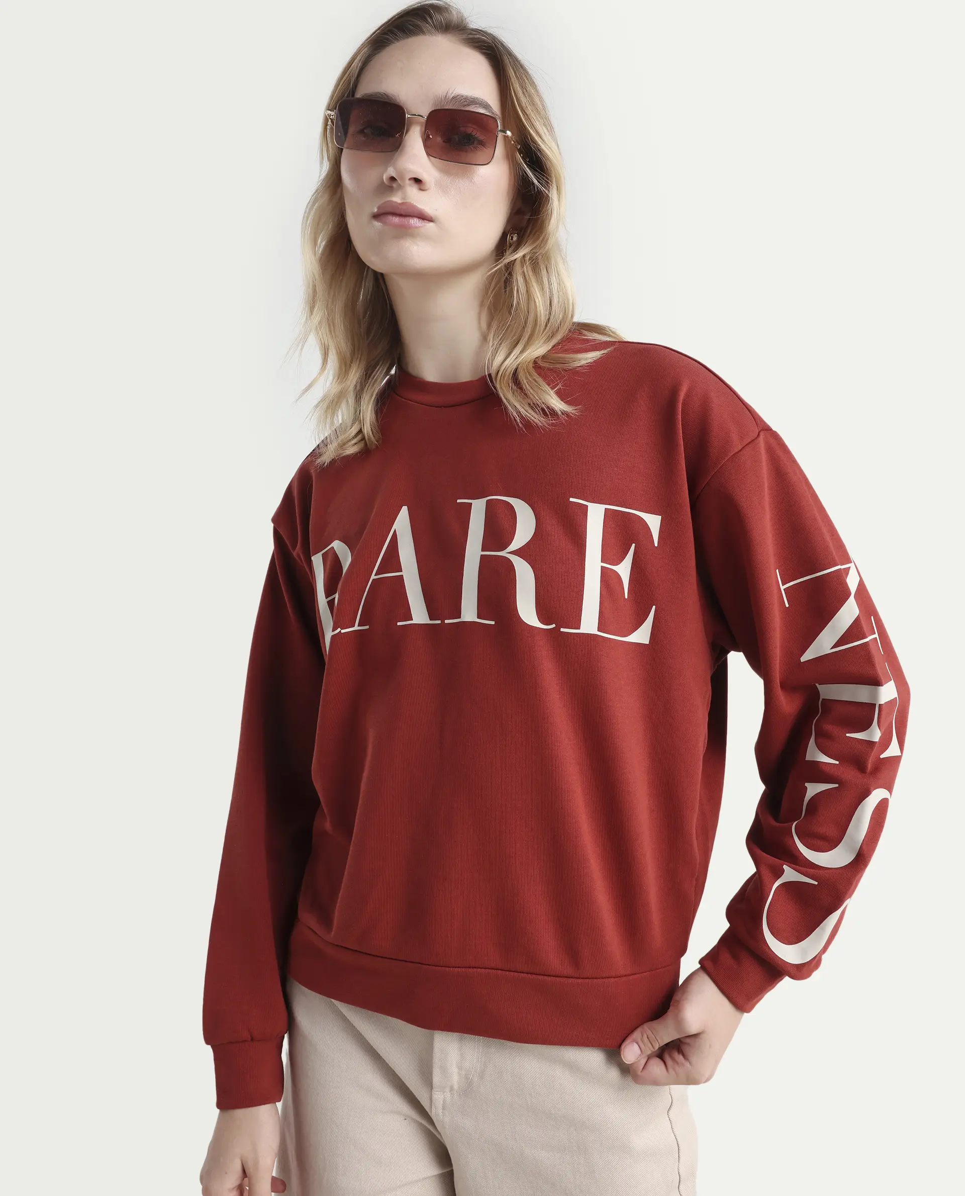 Rareism Women's Shelly Rust Polyester Blend Crew Neck Graphic Print Cuffed Sleeve Relaxed Fit Sweatshirt