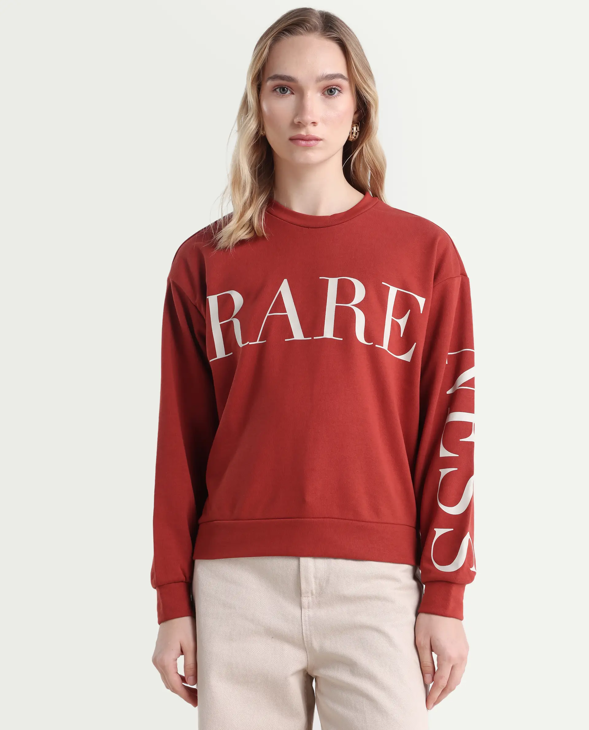 Rareism Women's Shelly Rust Polyester Blend Crew Neck Graphic Print Cuffed Sleeve Relaxed Fit Sweatshirt - Image 3