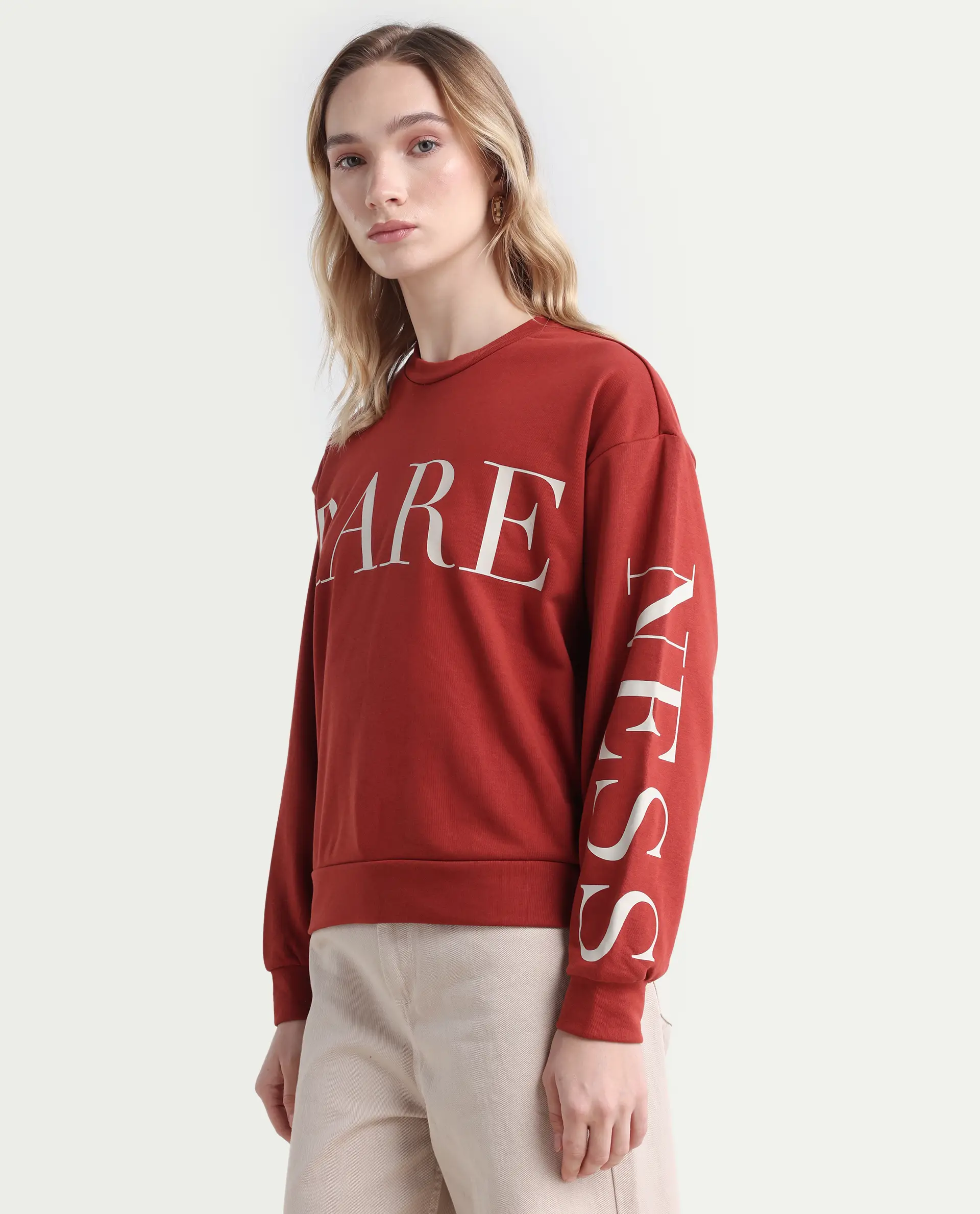 Rareism Women's Shelly Rust Polyester Blend Crew Neck Graphic Print Cuffed Sleeve Relaxed Fit Sweatshirt - Image 5