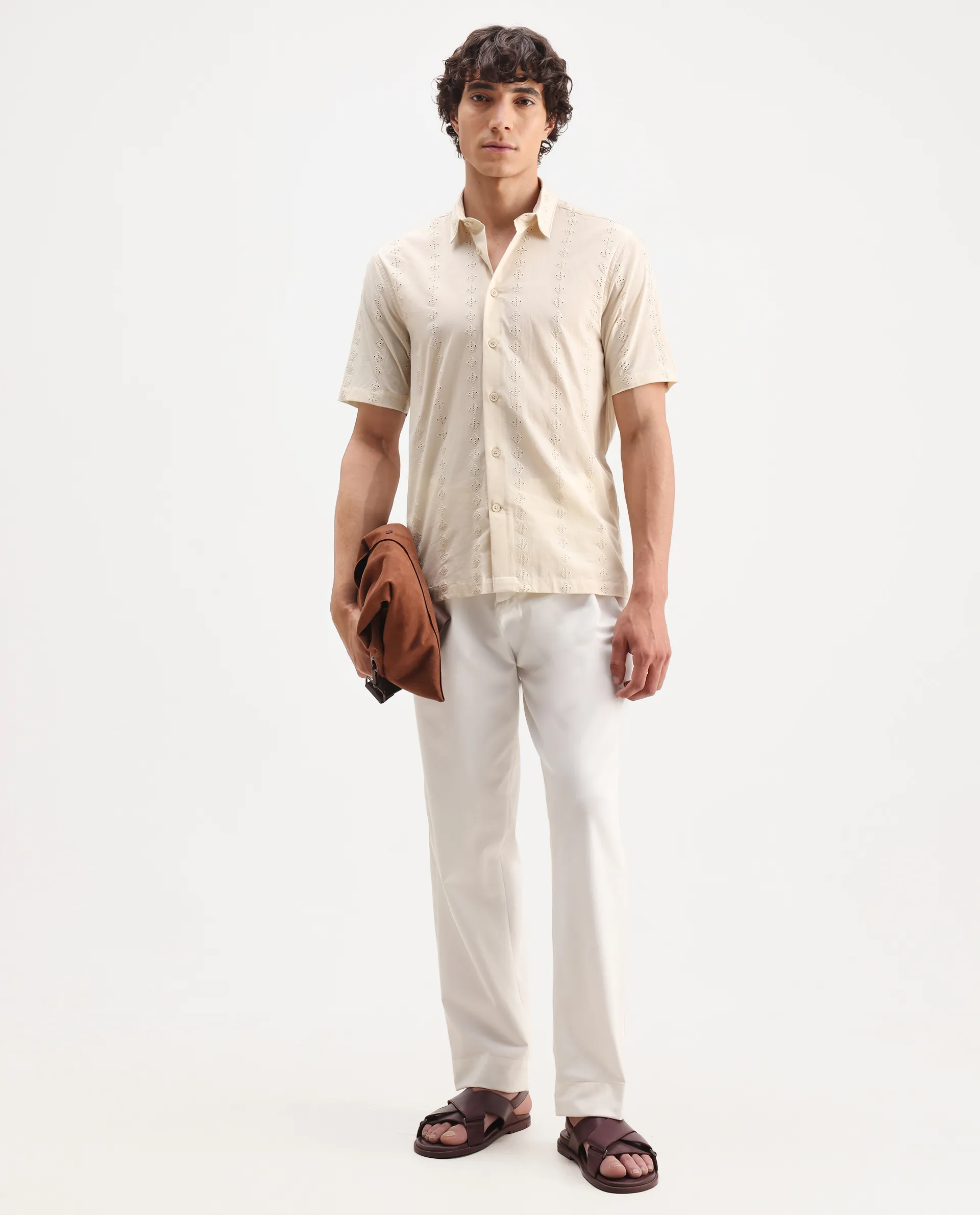 Rare Rabbit Men's Shen Beige Cotton Embroidered Regular Fit Half Sleeve Collared Shirt - Image 2