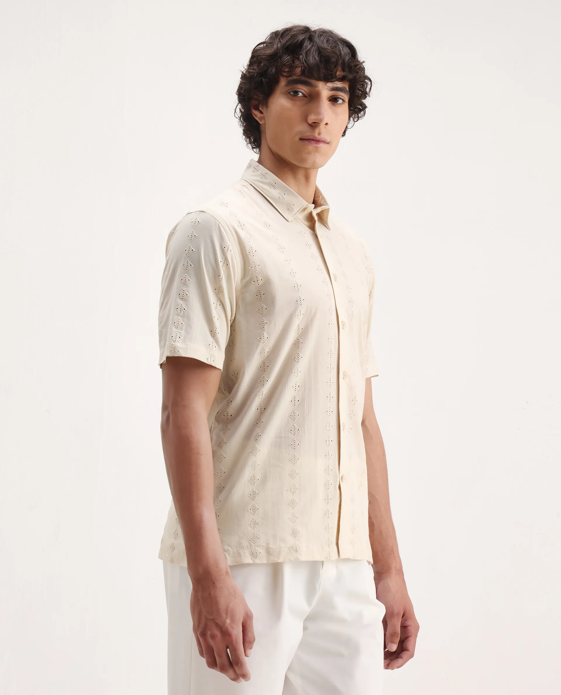 Rare Rabbit Men's Shen Beige Cotton Embroidered Regular Fit Half Sleeve Collared Shirt - Image 3