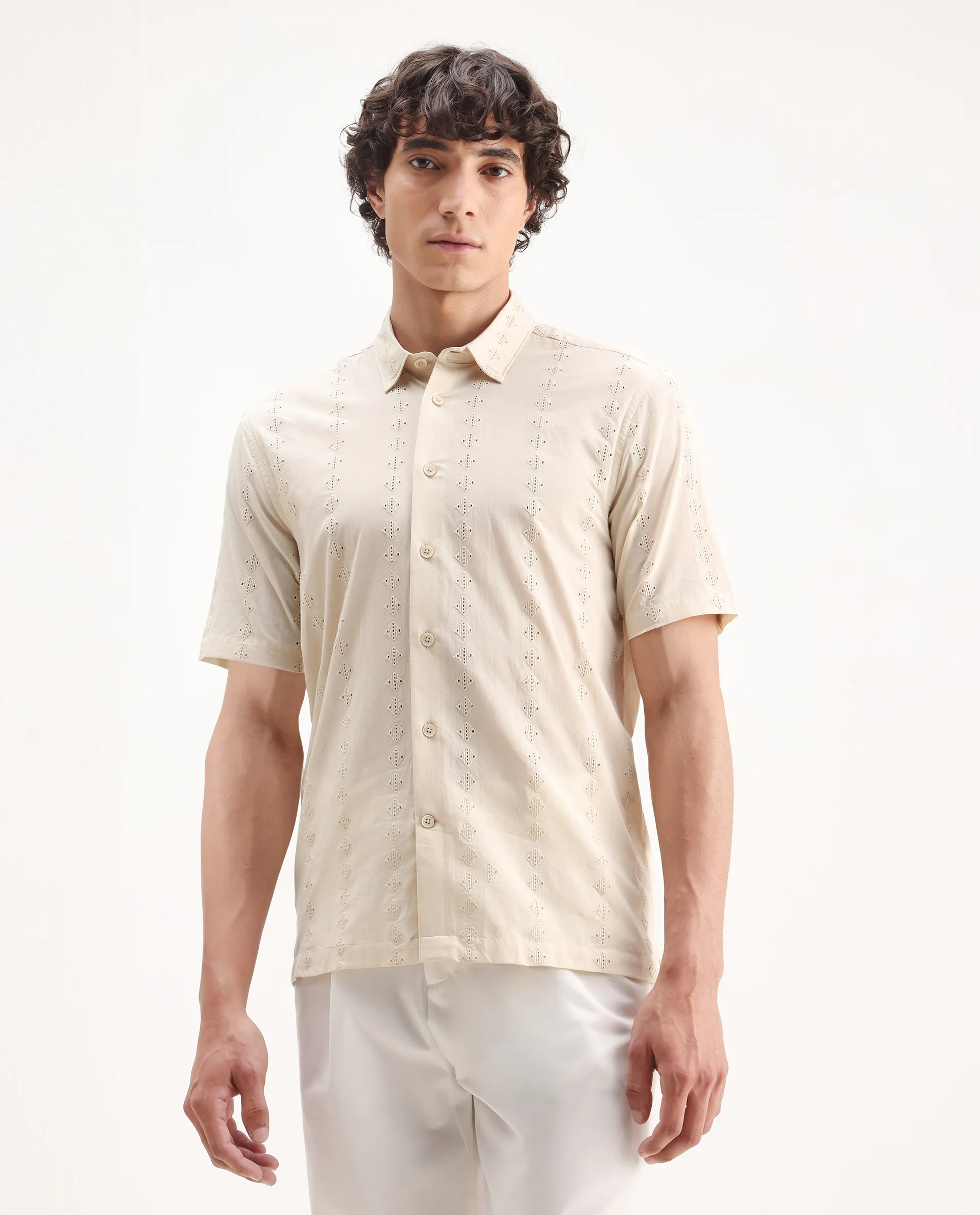 Rare Rabbit Men's Shen Beige Cotton Embroidered Regular Fit Half Sleeve Collared Shirt - Image 4