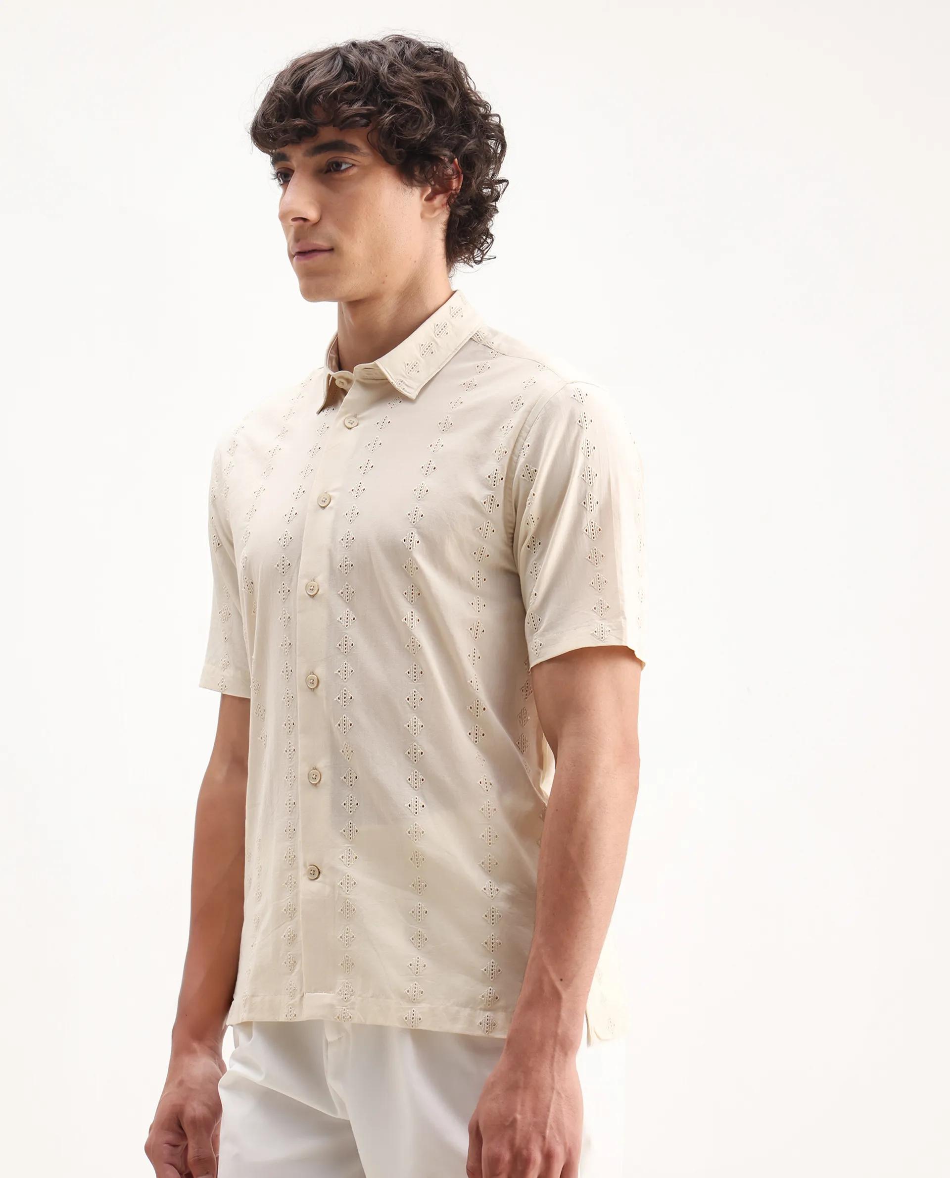 Rare Rabbit Men's Shen Beige Cotton Embroidered Regular Fit Half Sleeve Collared Shirt - Image 5