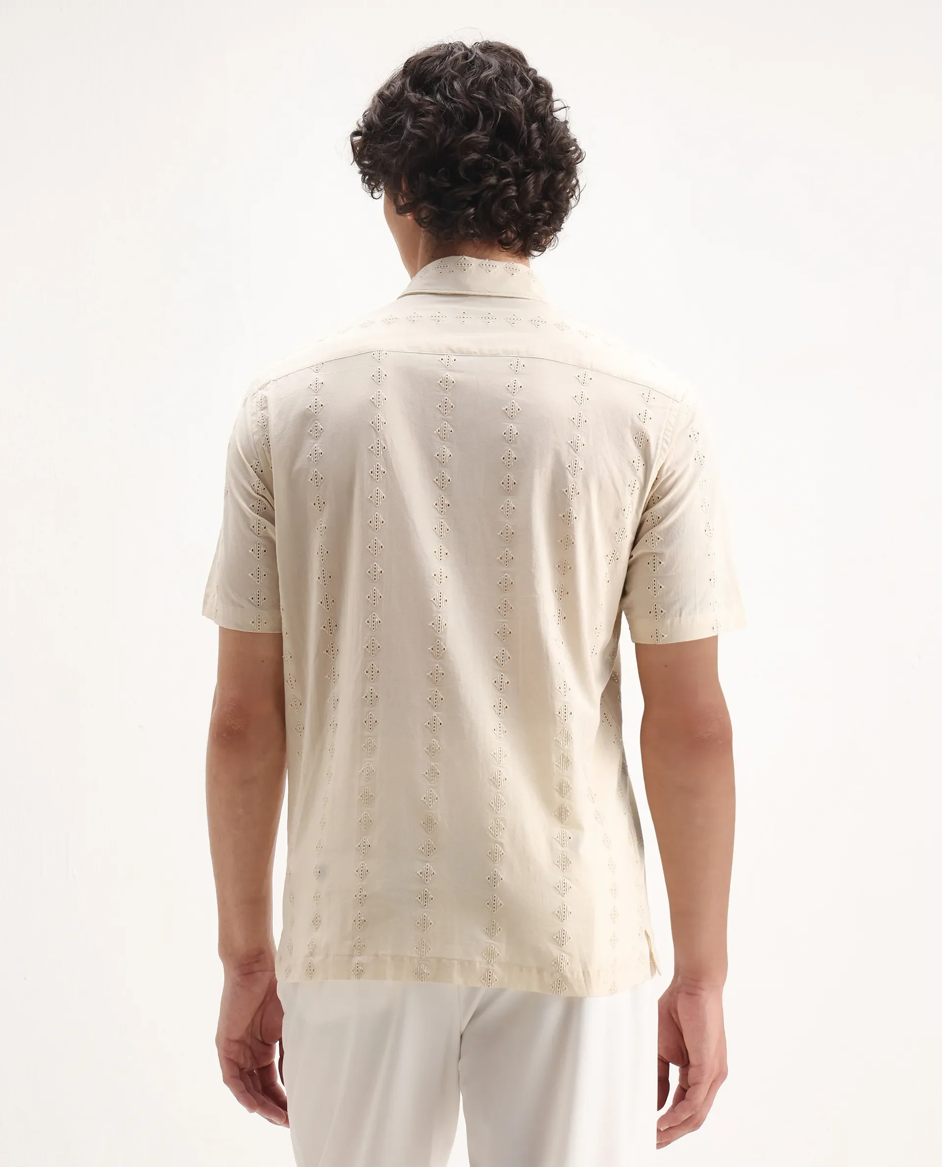 Rare Rabbit Men's Shen Beige Cotton Embroidered Regular Fit Half Sleeve Collared Shirt - Image 6