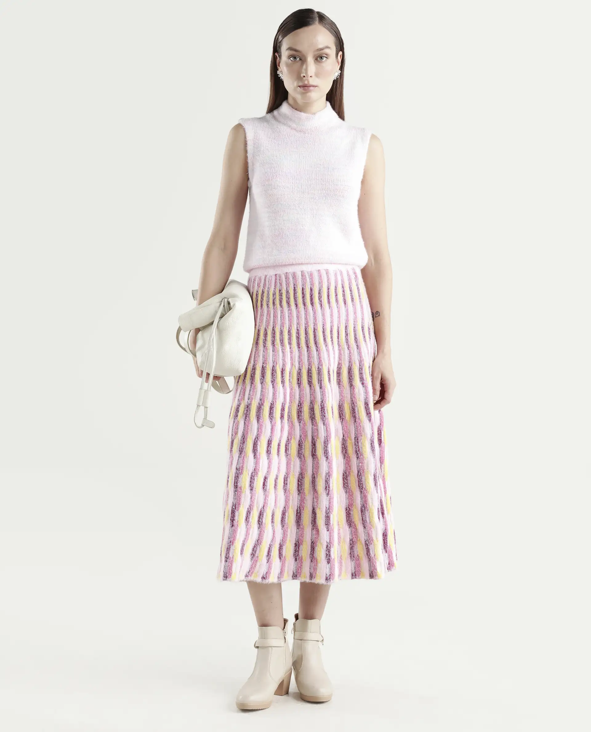 Rareism Women's Shenpa B Multi Nylon Geometric Print Midi Flared Skirt