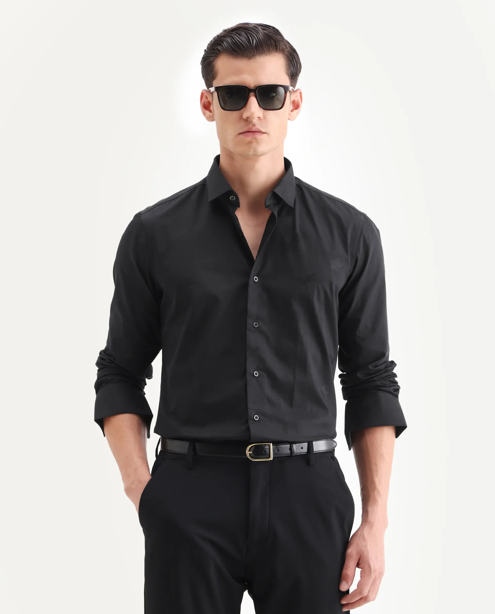 Rare Rabbit Men's Sherdâ Black Cotton Jacquard Regular Fit Full Sleeve Collared Shirt